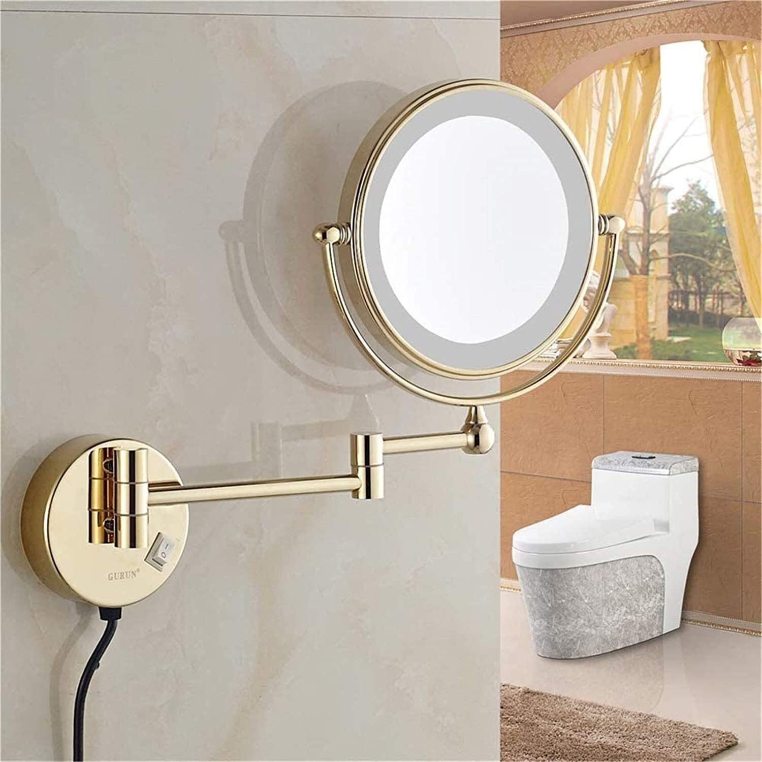 SHAUNI Espejo de Aumento de Doble Cara con luz LED, Espejo de Afeitar Extensible montado en la Pared for baño con Enchufe de Interruptor