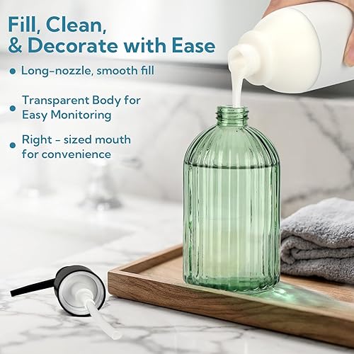 Miniatura 5 de Juego de 3 dispensadores de jabón de vidrio verde con bomba negra, dispensador de jabón líquido recargable de 13.5 onzas, loción premium y botella