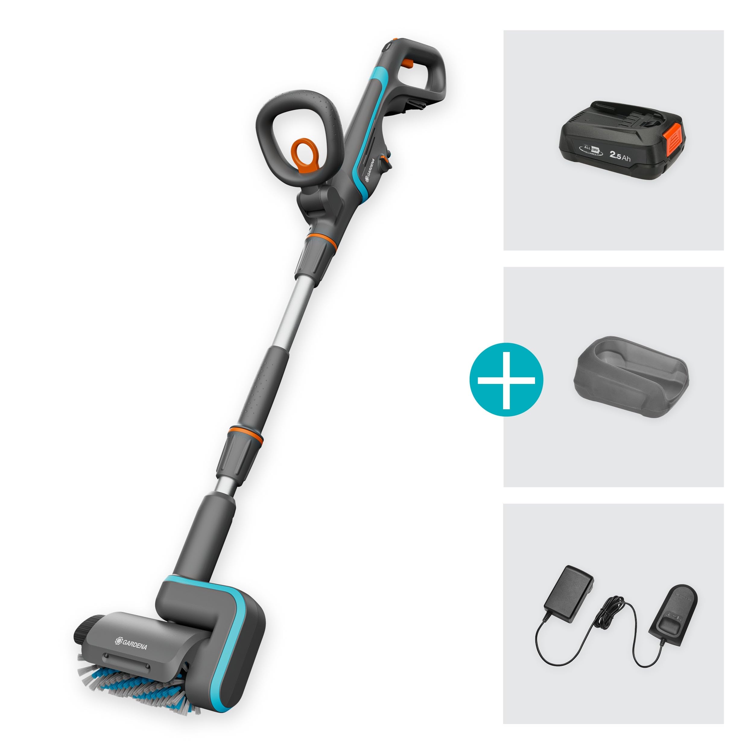 Gardena Spazzola Multifunzione A Batteria AquaBrush Patio 03/18V P4A Set Pronto All'Uso: Esterno, Comando con un solo tocco, Pulizia del cortile, Profilo della spazzola, Senza fili (14841-20)