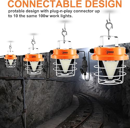 Miniatura 9 de RIUVAO Luz de trabajo temporal LED de 100 W, 15000 lúmenes, luces de construcción, 5000 K, luz diurna, luz blanca, portátil, luces de trabajo