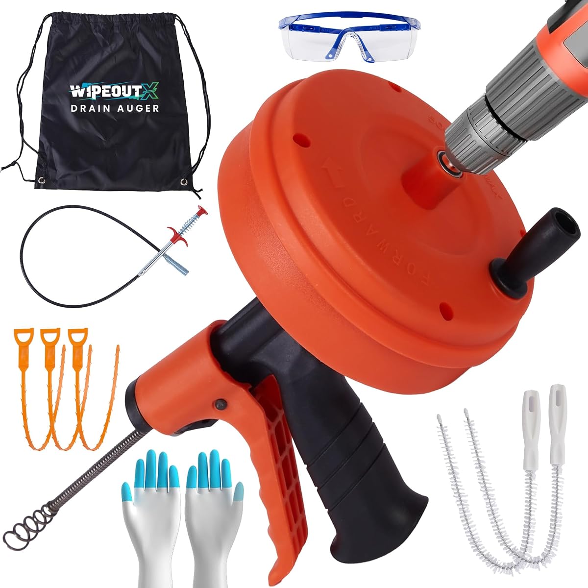 Drain Auger 50 Ft with Drill Attachment, Drain Snake Clog Remover Kit | Includes Gloves, Glasses, Brushes, Plastic Drainers and Storage Bag for Quick Clog Removal in Sink Shower Bathtub Drains