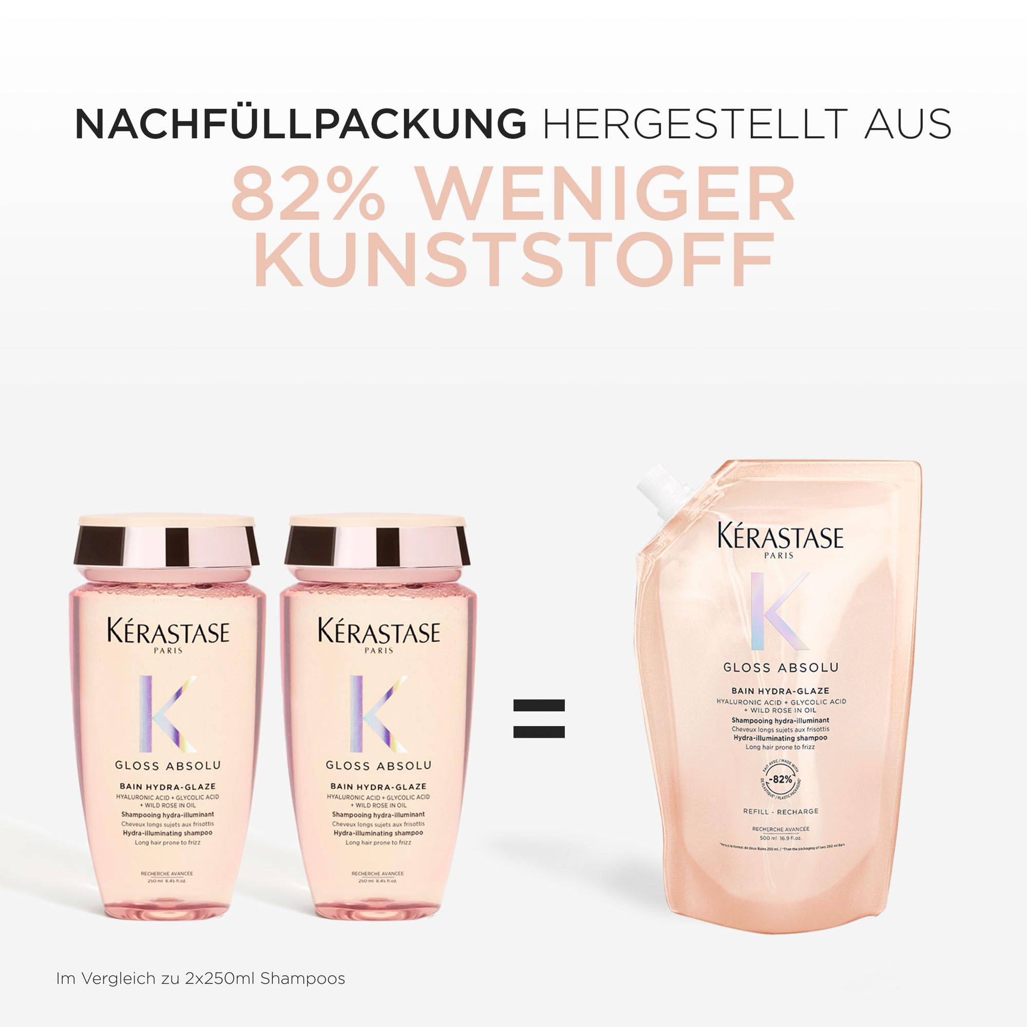 Kérastase Gloss Absolu Pflegeset mit Bain Hydra-Glaze Shampoo (2x500ml), Ideal zum Nachfüllen. Für langes, zu Frizz neigendes Haar, Mit Hyaluronsäure, Glykolsäure und Wildrosenöl, Für Glanz & Volumen