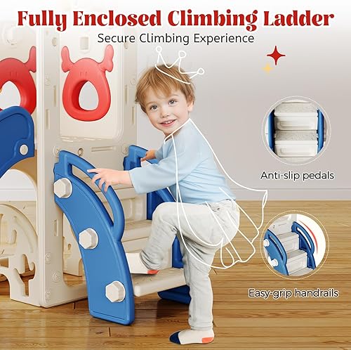 Miniatura 5 de Tobogán para niños pequeños, 7 en 1, juego mejorado con juego de golf para niños, aro de baloncesto y espacio de almacenamiento para niños pequeños