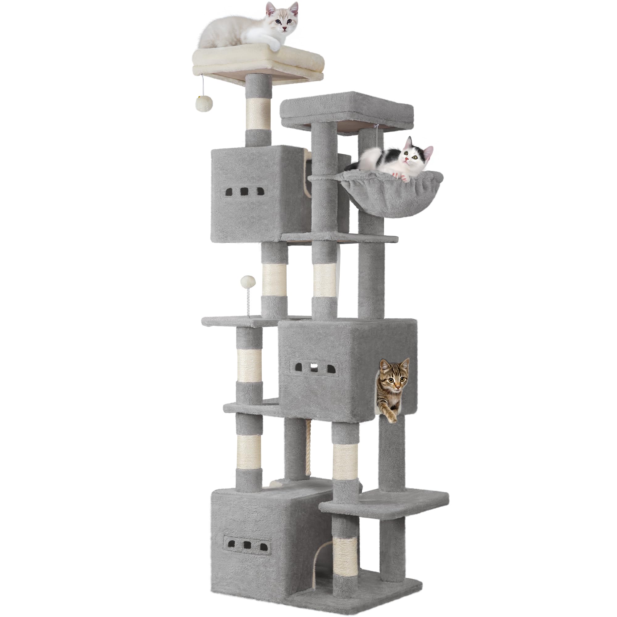 Hzuaneri 193 cm Cat Tree, Large Cat Tower for Indoor Cats, Multi-Level Cats House Furniture with 2 Platforms, 3 Condos, 7 Scratching Posts, 1 Basket, 3 Caves, Pompoms, Light Grey MS19218LG