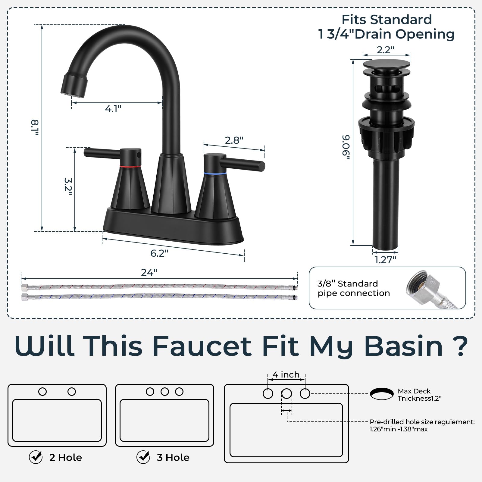 4 inches Bathroom Faucet for 3 Hole 2-Handle Bathroom Sink Faucets with Pop Up Drain Matte Black — view 7