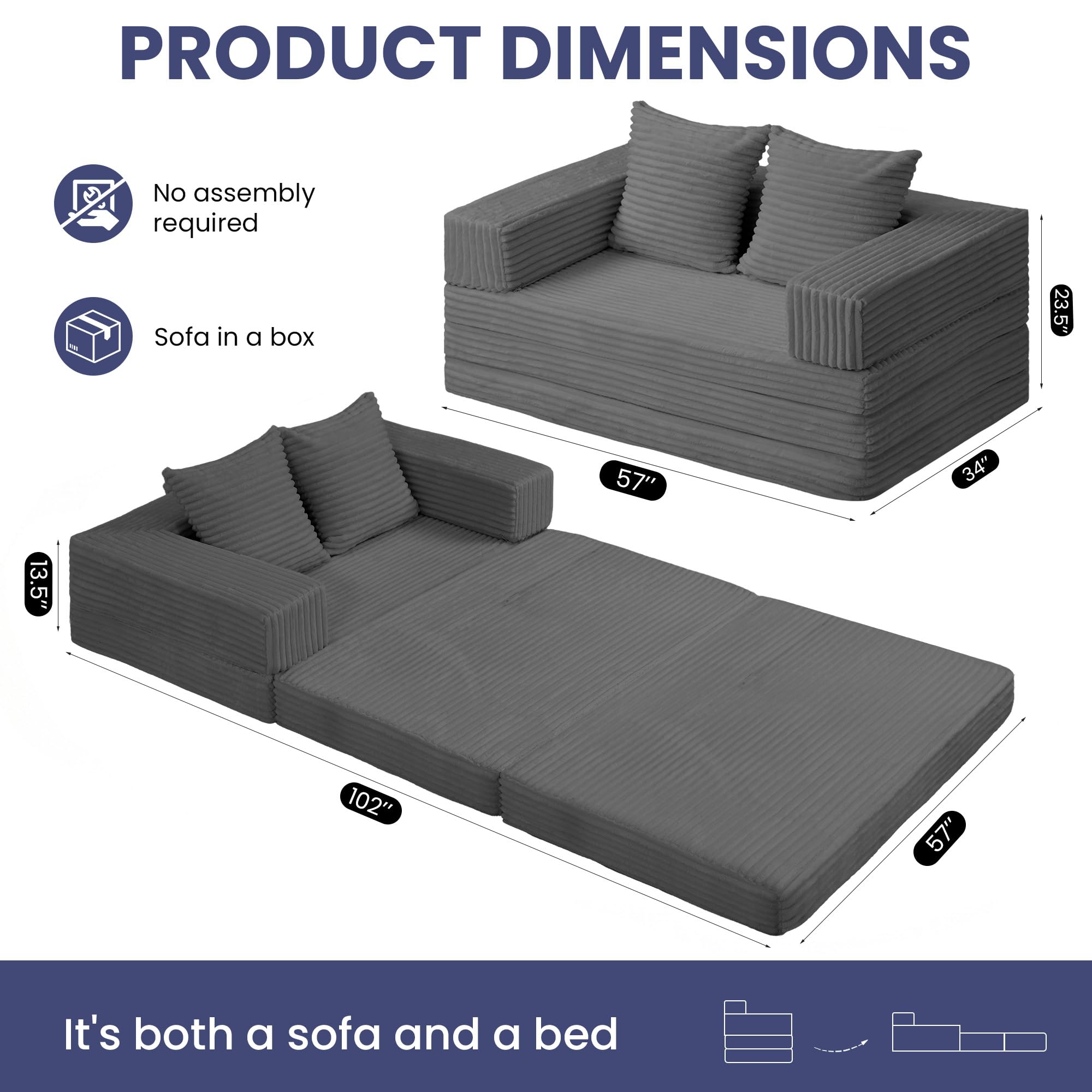 Convertible Sofa Bed, 4-in-1 Boneless Loveseat with Removable Armrests Backrest, Corduroy Futon Couch Bed with Pillow, Foldable Mattress Sleeper Sofa for Living Room Bedroom Small Place (Grey)