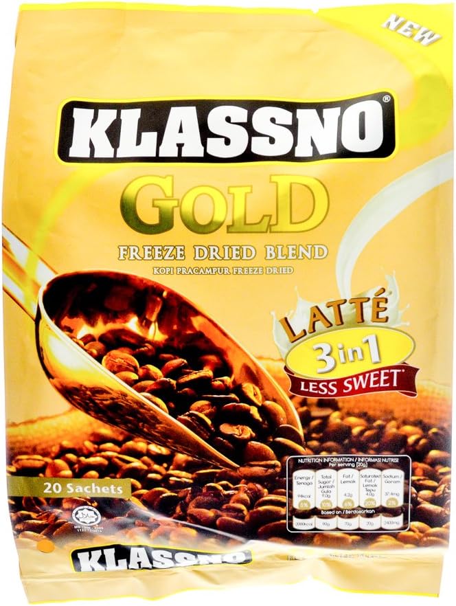 2-Pack / Klassno Freeze Dried 3 in 1 Gold Latté (Less Sweet) / Good As Gold, Premium Blend For Real Coffee Fanatics / Flavorful & Creamy / Full Bodied & Frothy Taste, Minus The Sugar (20s x 20g/pack)