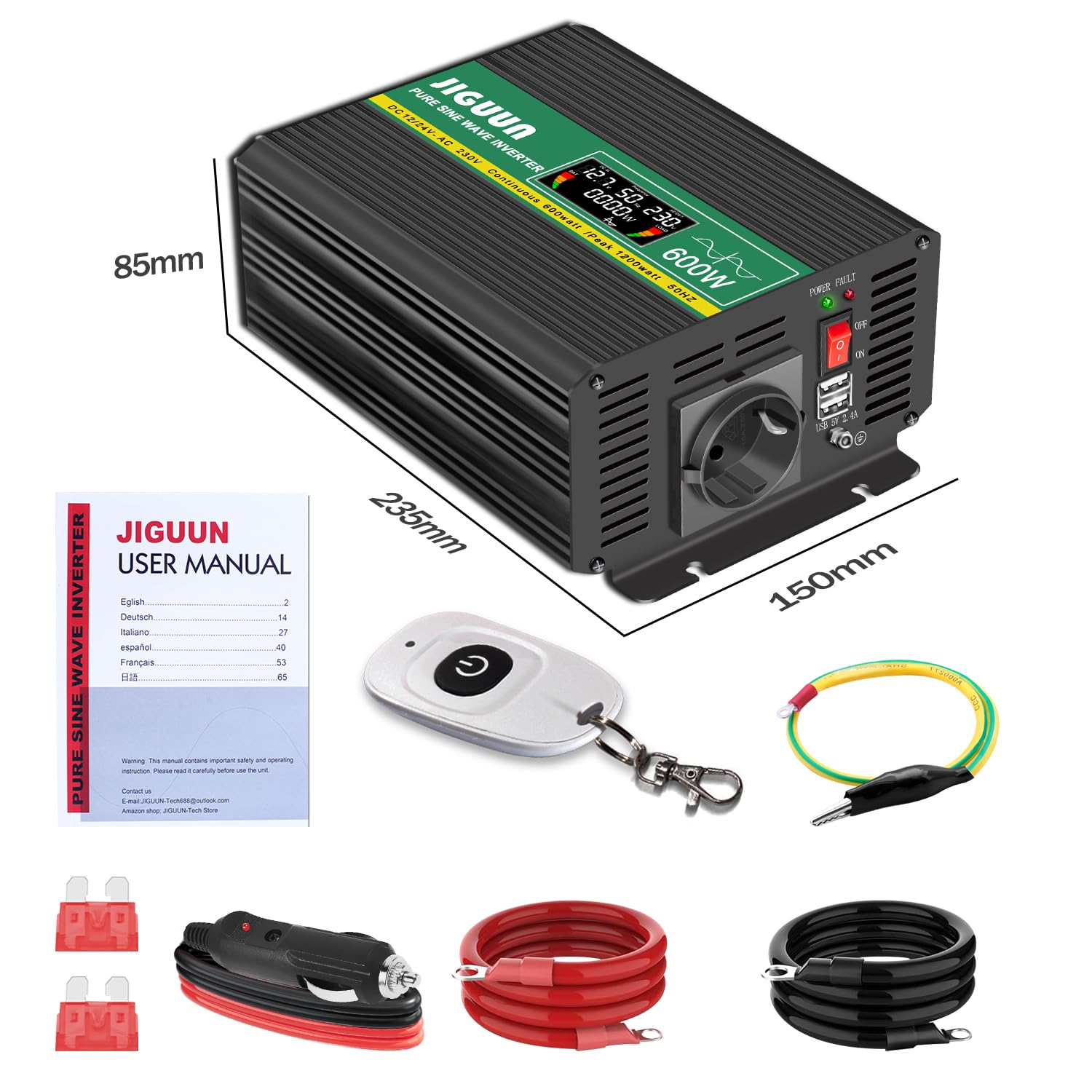 JIGUUN 600W inverter 12V/24V 220V onda pura Trasformatore con 1 prese EU e 2 porta USB 2.4A Telecomando senza fili e display LCD Potenza di picco 1200W per camion camper emergenza