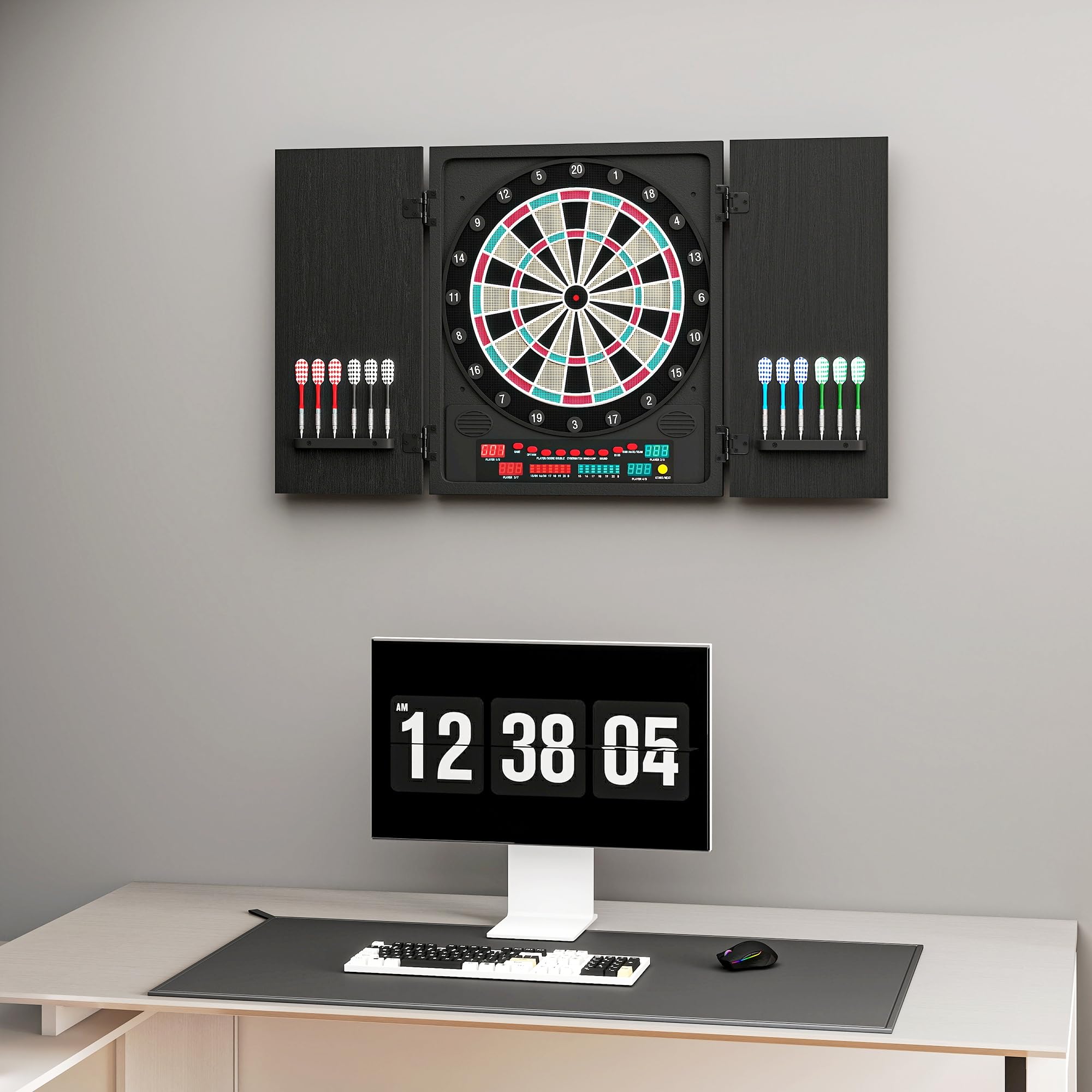 HOMCOM Diana Electrónica Digital hasta 8 Jugadores con 12 Dardos y 30 Puntas con Pantalla LED Puertas 27 Juegos Distintos y 202 Variantes 51x6,5x57 cm Negro