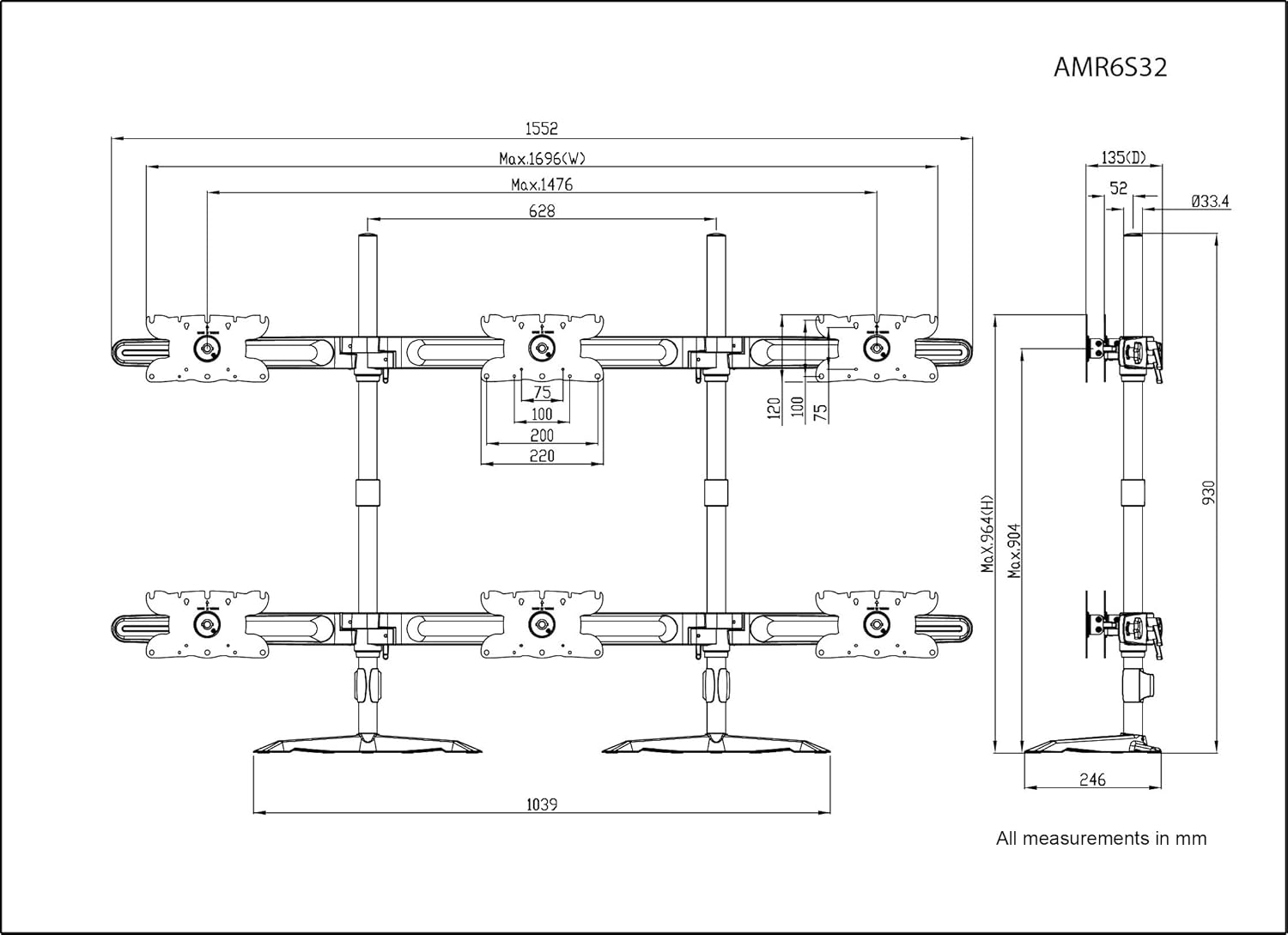 Amer AMR6S32 Hex 32" Monitor Mount Stand