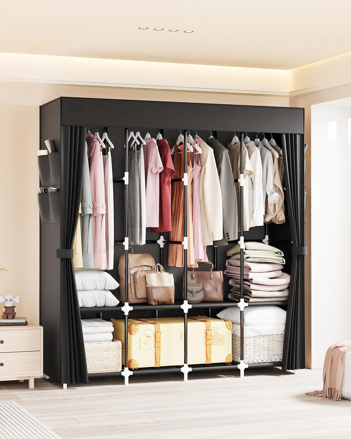 Mavivegue Armario de tela, 170 x 42 x 170 cm, armario de tela con 4 barras estables y 8 compartimentos, armario plegable, para dormitorio y sala de estar (negro)