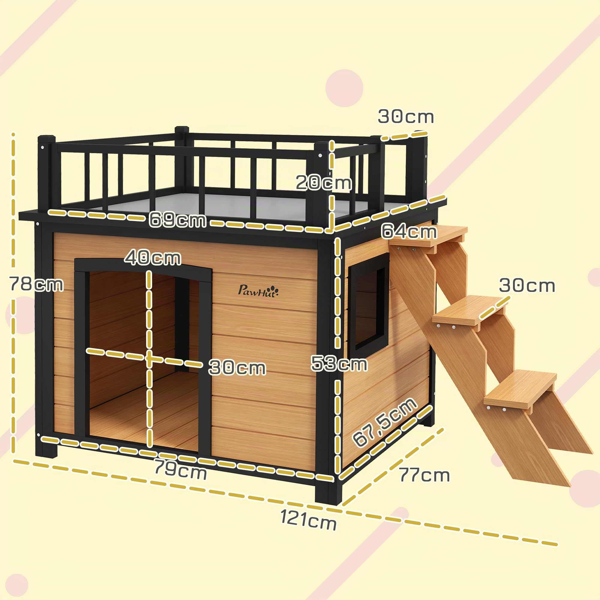 PawHut Niche pour chien Maison pour chien avec balcon, maison surélevée pour petits animaux avec escalier, fenêtre, niche pour petits chiens, bois de sapin, jaune, 121 x 77 x 78 cm