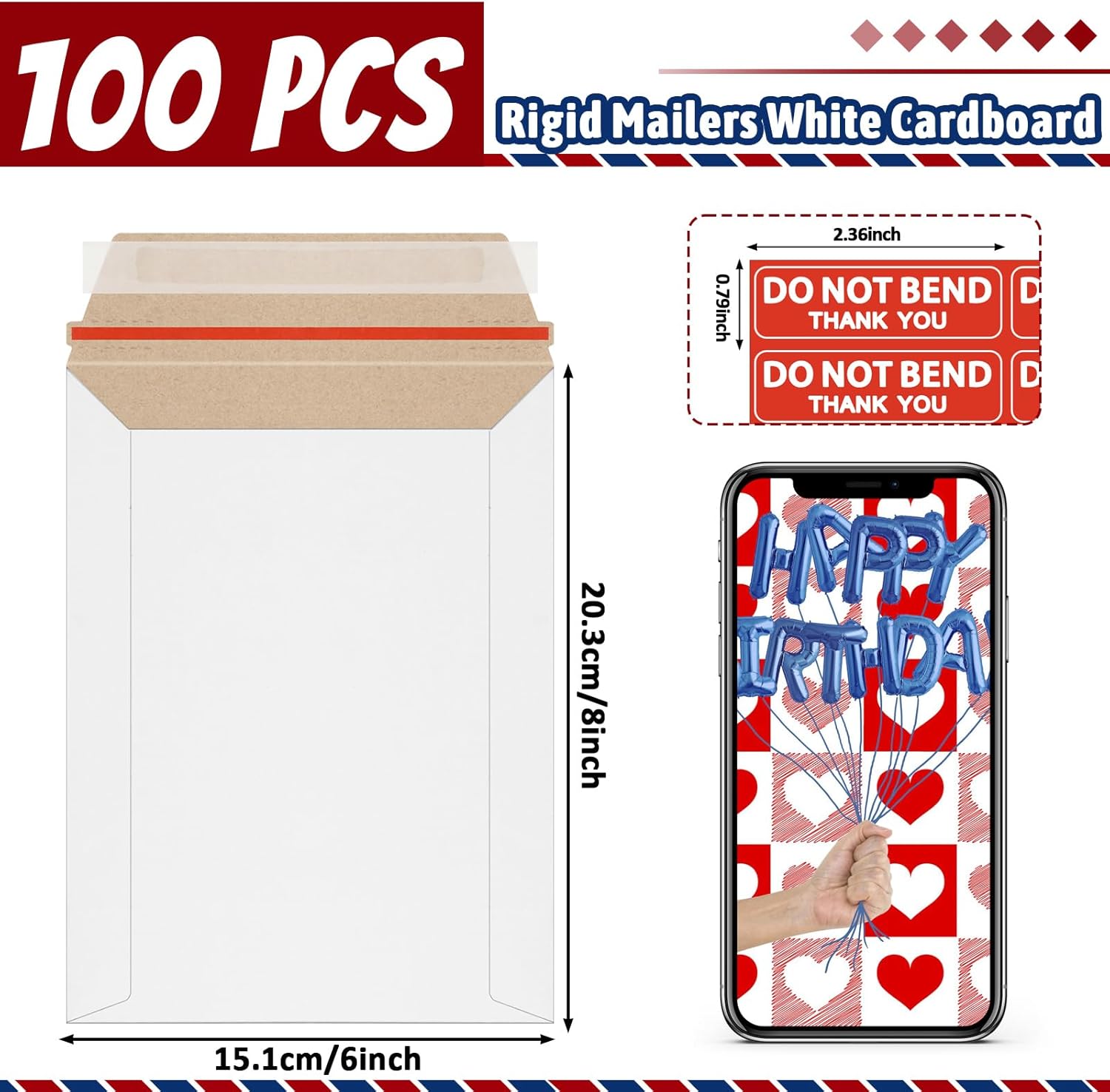 100 Pack Rigid Mailers 6x8 Inch Self Seal Document Mailers, Protective Flat Cardboard Sturdy White Photography Envelopes for Photos, Document, CD, Coins, Stamps - Image 2