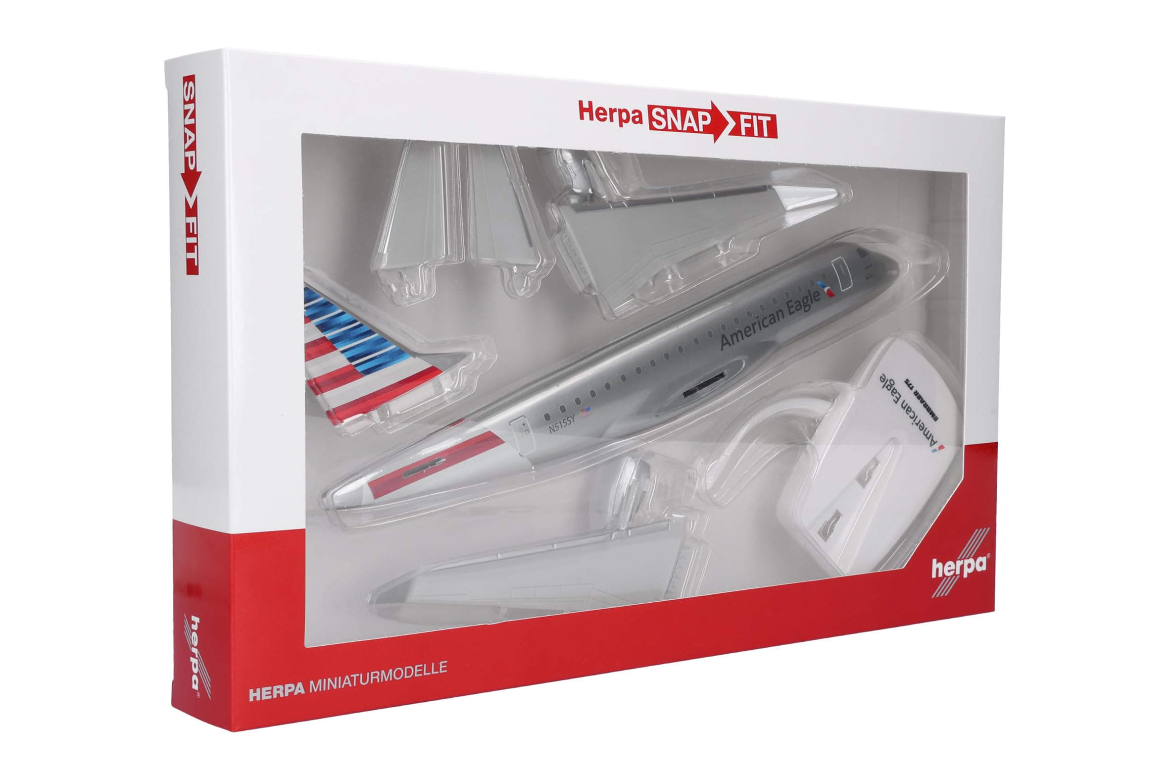 Herpa model samolotu Snapfit American Eagle Embraer E175, miniatura w skali 1:100, model kolekcjonerski z podstawką, tworzywo sztuczne