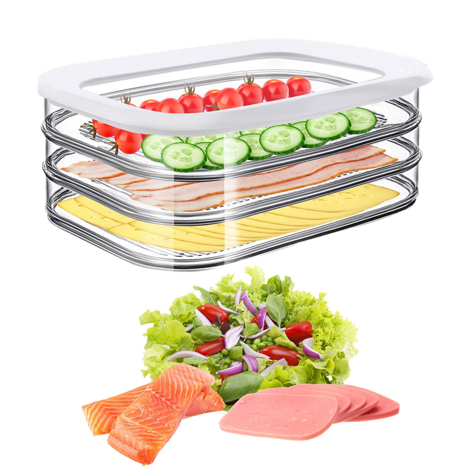 Przezroczysty pojemnik na mięso na lunch 3 w 1, do lodówki, 3 przegrody, można układać w stos, pojemniki na żywność, nie zawiera BPA (6)