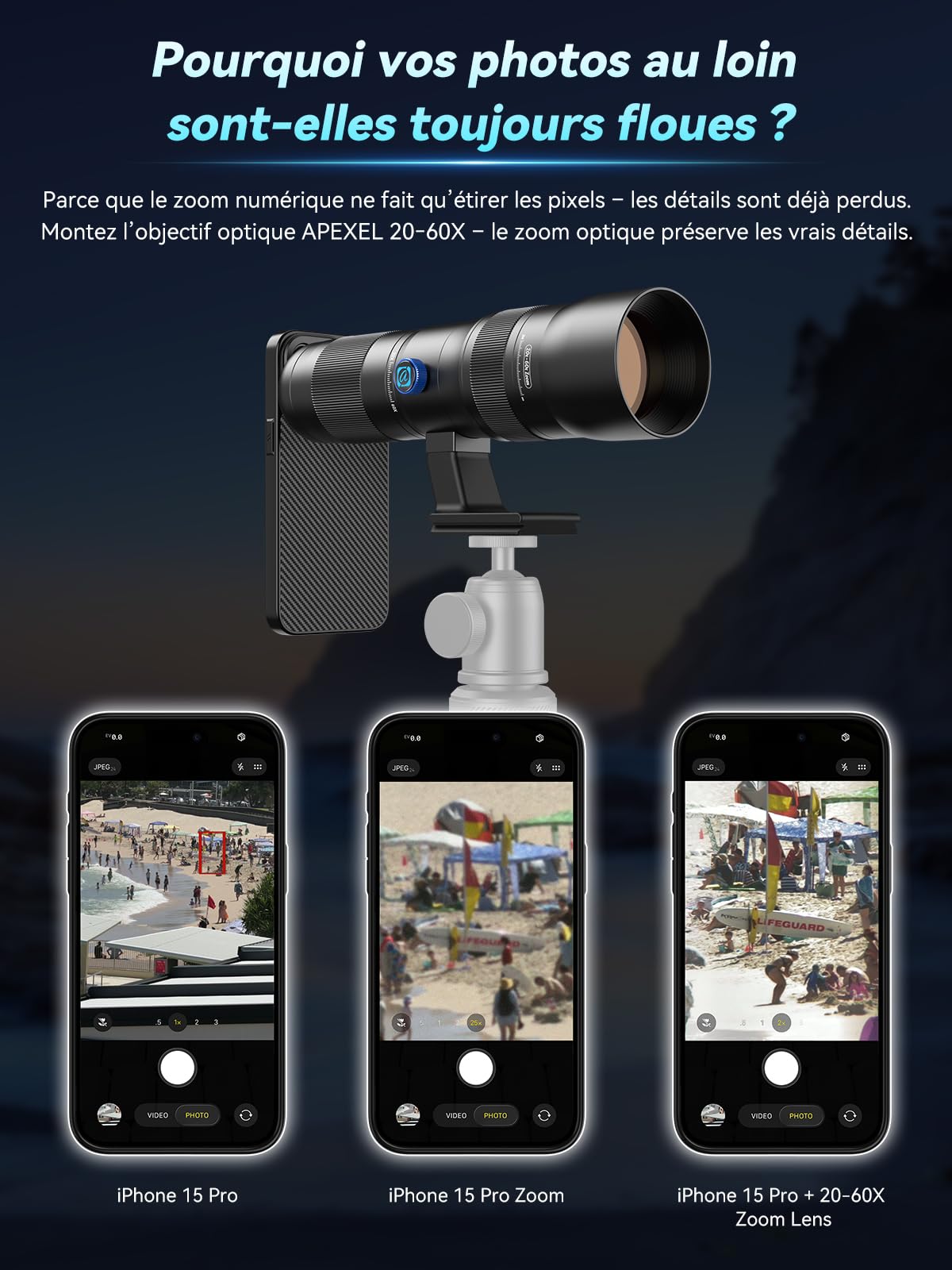 APEXEL Objectif Zoom 20-60x avec étui intégré pour iPhone 15 Pro Téléobjectif Pro Professionnel
