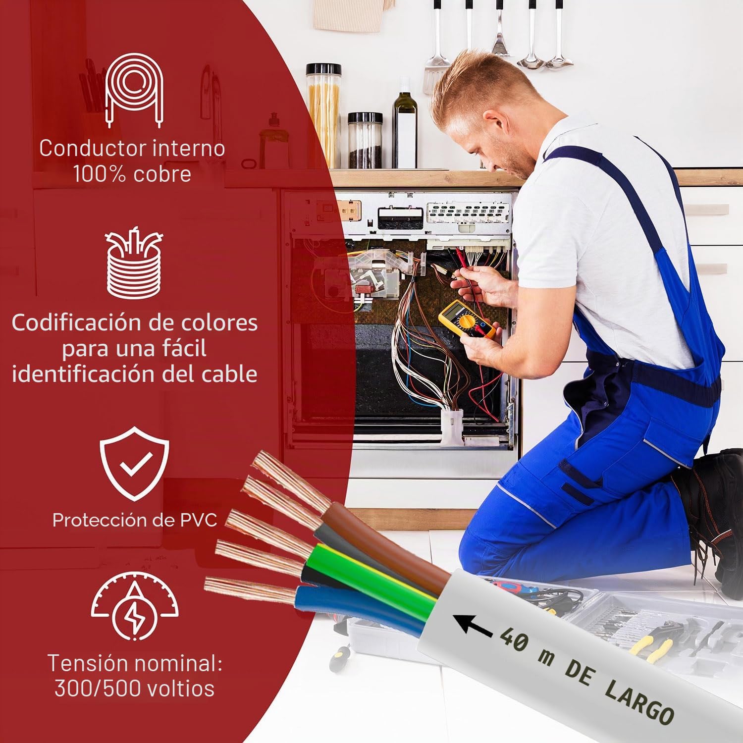 MAS Premium De 5 a 100 m de manguera de plástico H05VV-F 2, 3 o 5 x 0,75; x1; x1,5 o x2,5 y 4G0,75, cable flexible para dispositivos (H05VV-F 5G1 WS, 40 m)