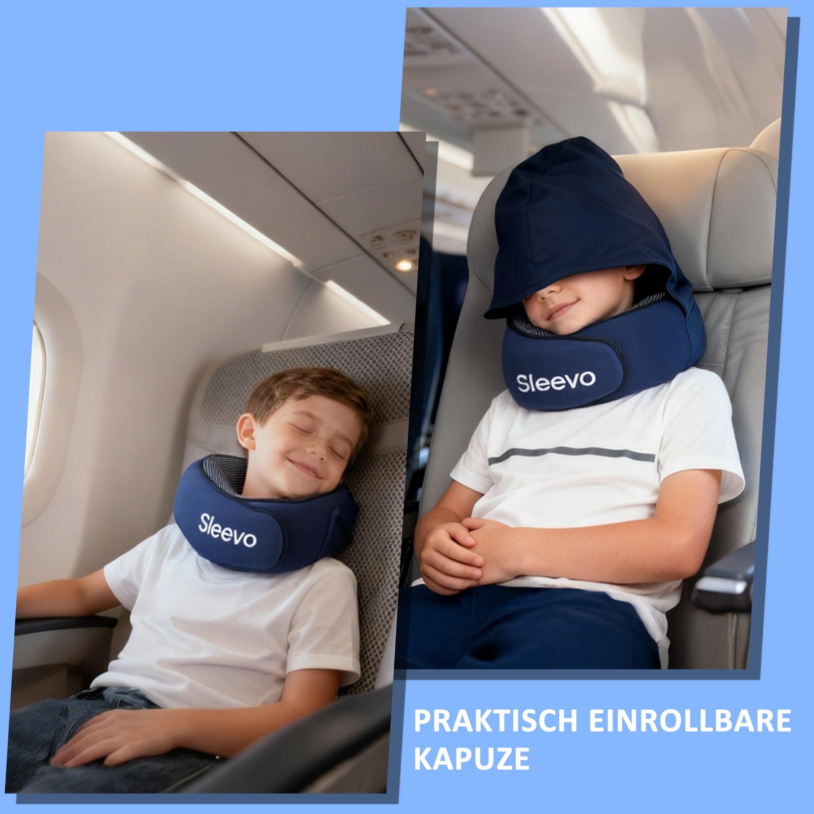 Coussin de nuque avion pour enfant avec capuche et mousse à mémoire de forme - Coussin de nuque et appui-tête pour voiture et avion - Coussin de voyage doux, lavable et ergonomique avec sac