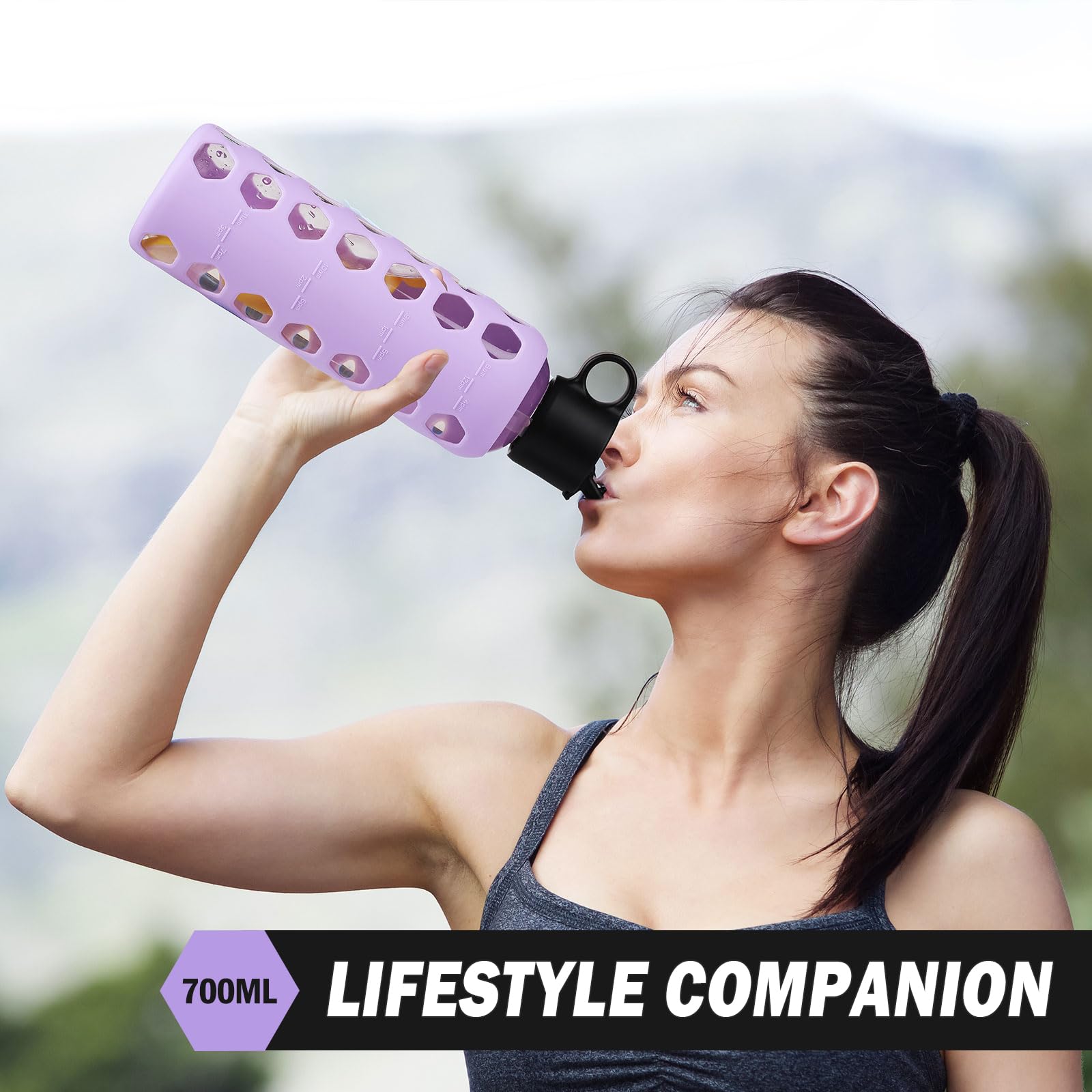 BLUEGO Borracce in vetro, 700ml Bicchiere in vetro, Bottiglie per bere con 2 coperchi, Bottiglia per l'acqua sportiva con custodia in silicone, A prova di perdite, Viola