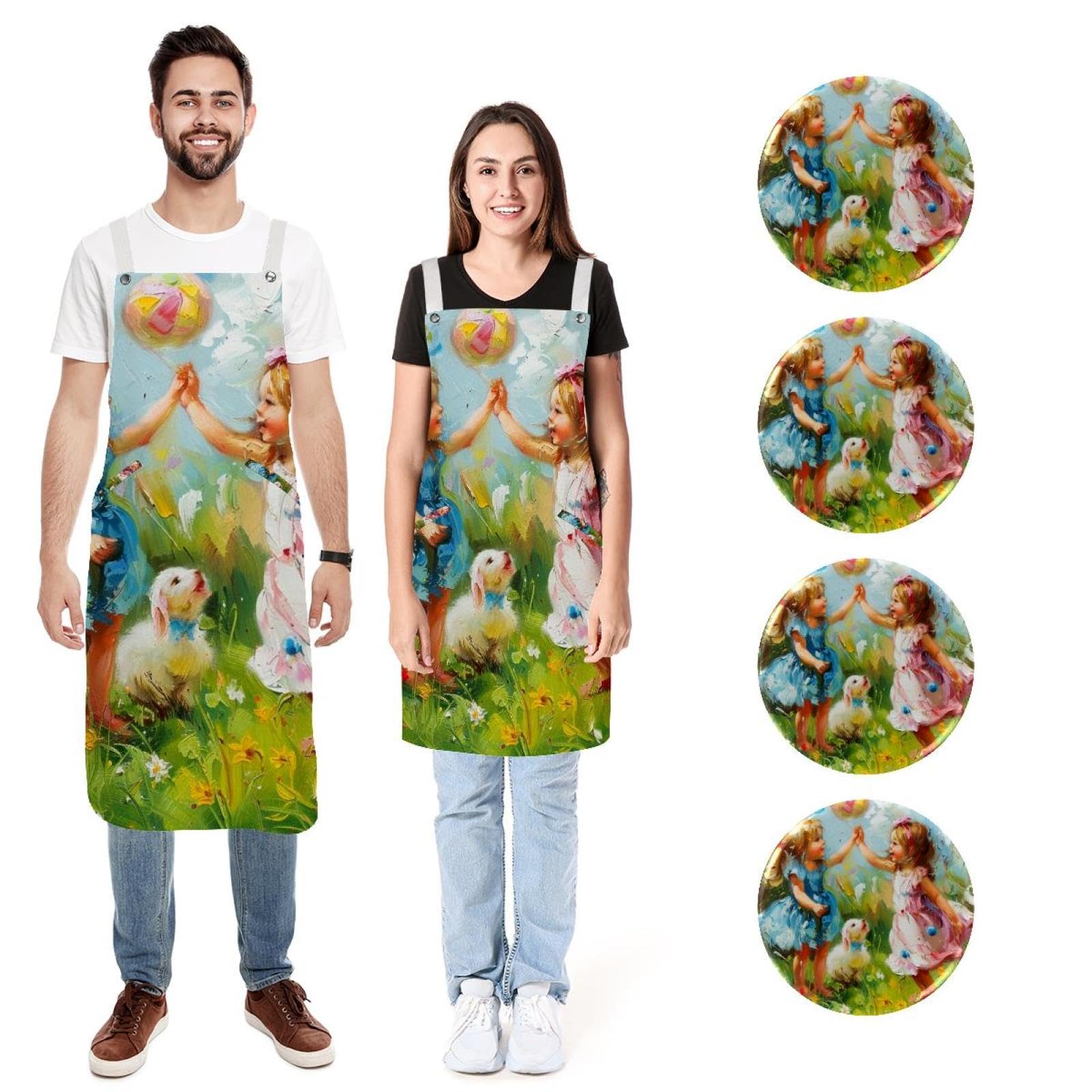 Lot de 2 tabliers de cuisine en lin pour homme et femme - Motif peinture à l'huile - Tablier de cuisine avec 2 poches réglables, Peinture à l'huile mignonne,