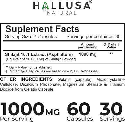 Miniatura 6 de Hallusa HallShilajit - Shilajit del Himalaya 1000 mg, Shilajit para hombres y mujeres, extracto de ácido fúlvico, apoyo energético, 60 cápsulas