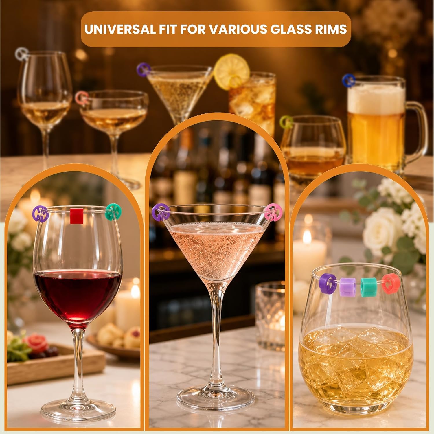 50pcs Rim Clip Glass Markers for Drinks, Secure Anti-slip Grip