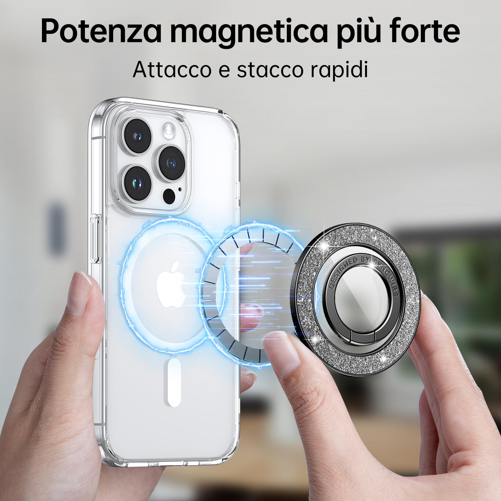 Syncwire magnetico supporto per anello del 360 ° Rotazione telefono anello magsafe compatibile con iPhone16/15/14/13 Altri Smartphone, luccichio supporto regolabile, presa confortevole- Diamante nero