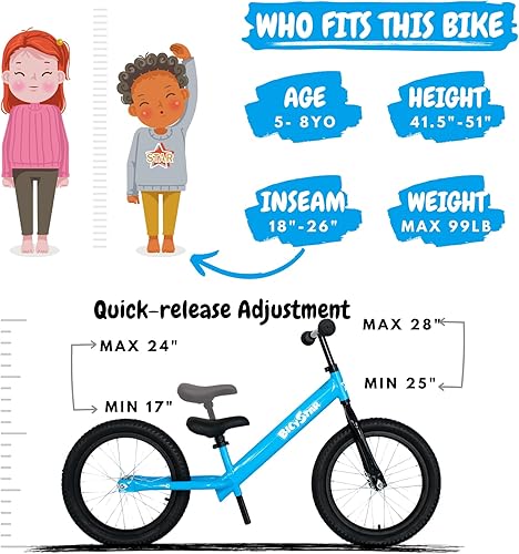 Miniatura 10 de bicystar Bicicleta de equilibrio de 16 pulgadas, bicicleta para niños pequeños de 5 a 8 años, neumáticos de aire, reposapiés, bicicleta de empuje