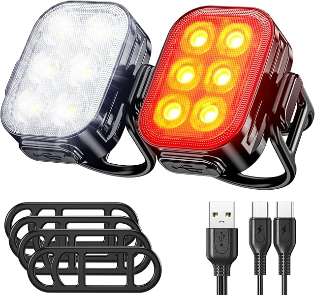 Bike Light Set, 6 LED Bike Light Front and Back Rear, IP65 Waterproof Mountain Road Cycling Safety,Rechargeable Headlight and Taillight Set for Men Women Kids (4/6 Modes)