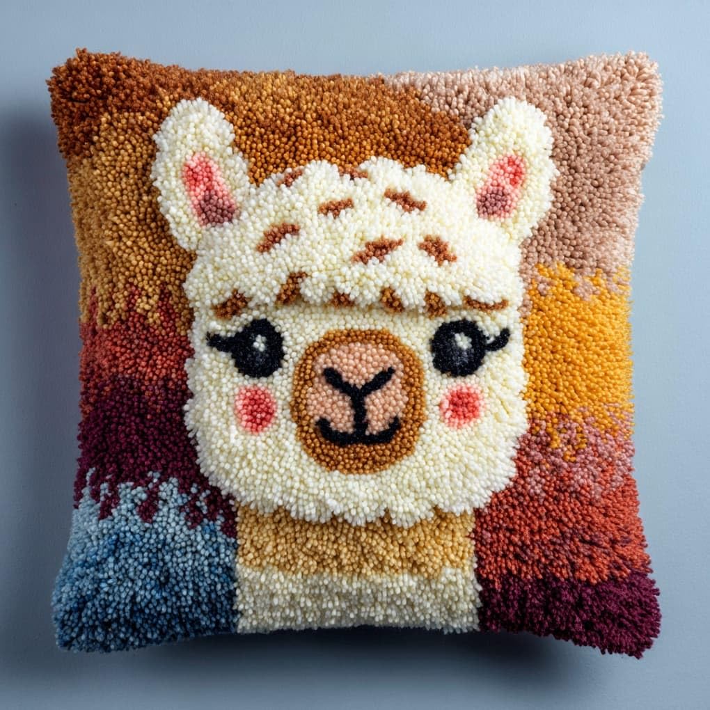 Henypt Latch Hook Craft Kit 17x17 Inch,Animal Alpaca Complete Embroidery Cushion Kit,Creative Craft Stress Relief Handmade Gift for Beginners