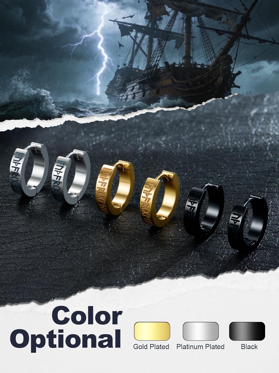 SIISPRI Viking Earrings for Men Women, Norse Viking Hoop Earrings Rune Carved Design Amulet Protection Huggie Hoops Earrings Jewelry Gift,Black/Silver/Gold Plated