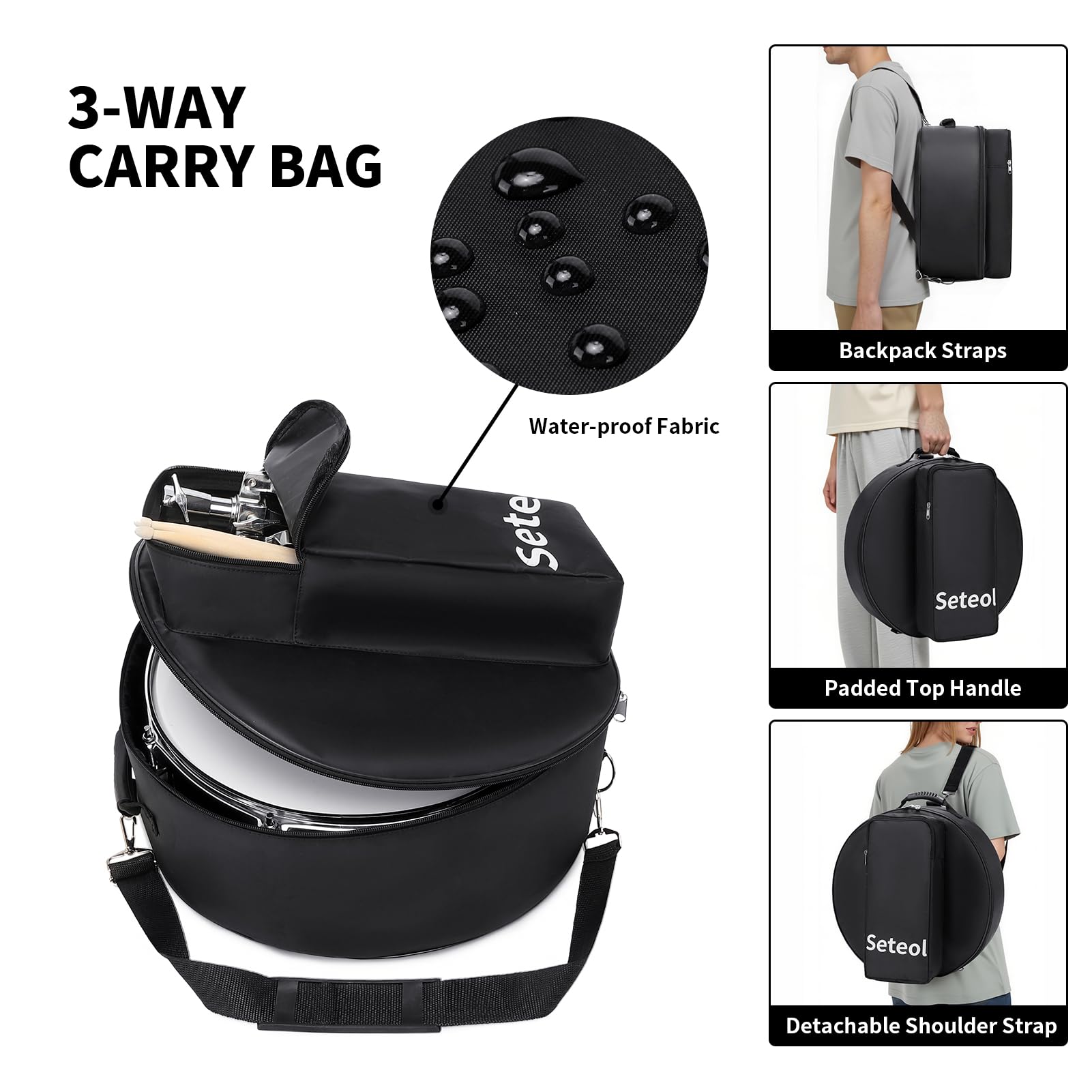 Kit per rullante, 35,6 x 14 cm, con custodia imbottita | Silent Mute Pad + coppia di bacchette 5A + chiave per batteria, set hardware portatile per adulti (nero)
