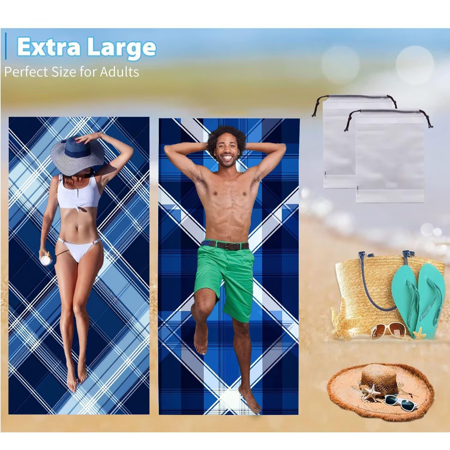 Ręcznik plażowy 90 x 200 cm, zestaw 2 dużych ręczników z mikrofibry szybkoschnący, chłonny, kompaktowy, ręcznik kąpielowy bez piasku lato koc plażowy damski do kąpieli prezent (ciemnoniebieska krata