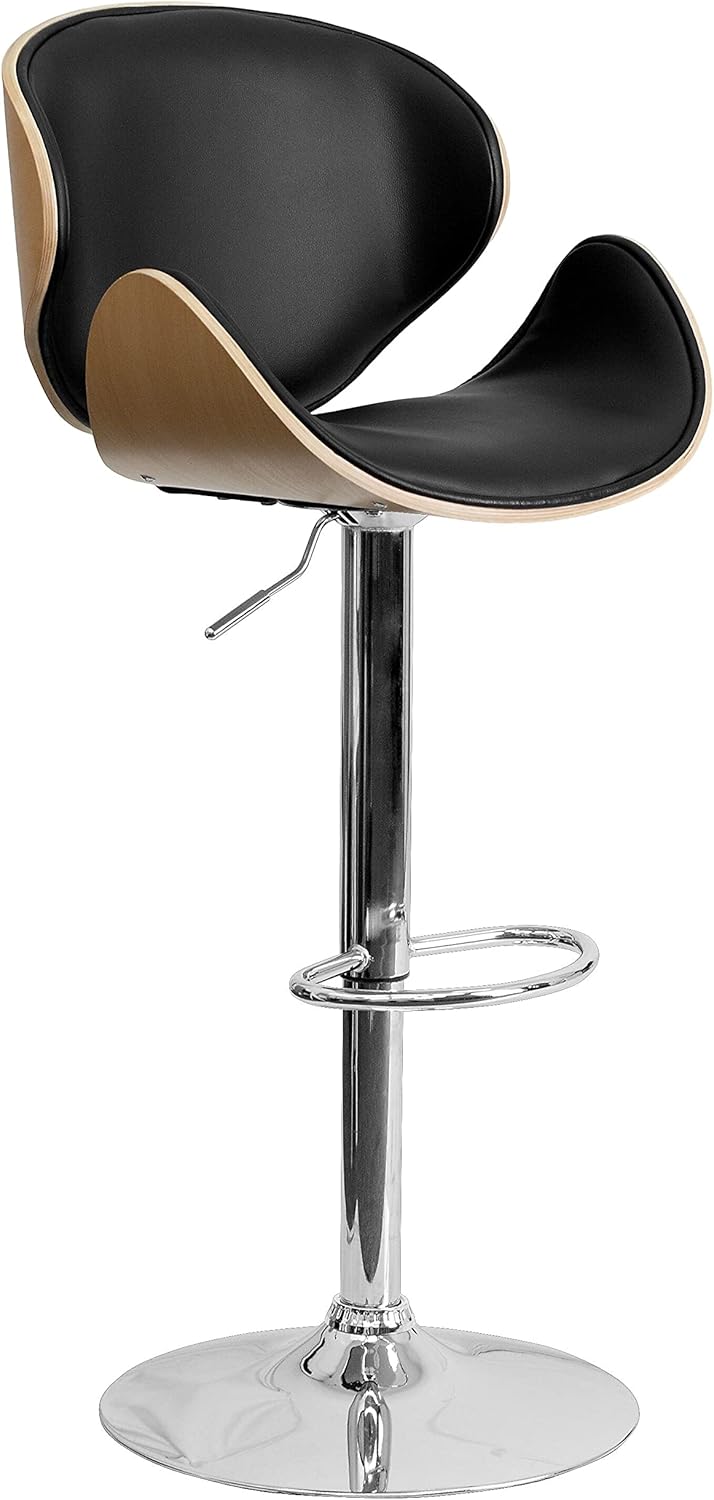 Flash Furniture Farley Beech Bentwood Adjustable Height Barstool with Curved Back and Black Vinyl Seat