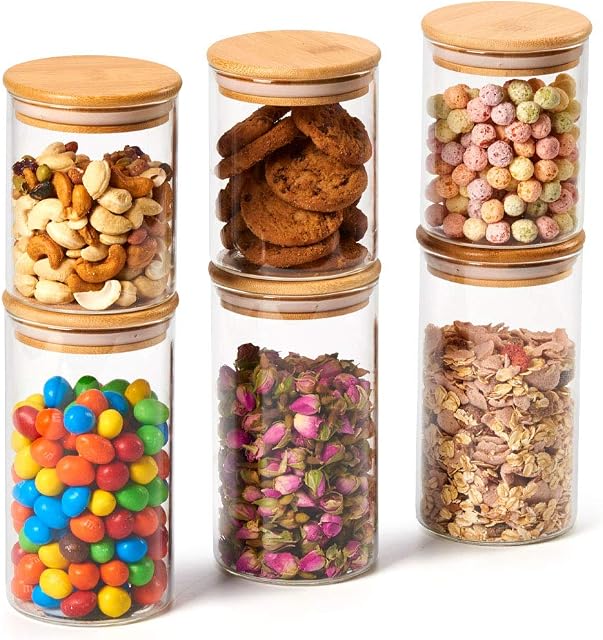 EZOWARE Set of 6 High Borosilicate Glass Jars with Airtight Natural Bamboo Lids, 450ml + 700ml Clear Decorative Food Canister Storage Container Set for Home Kitchen Pantry