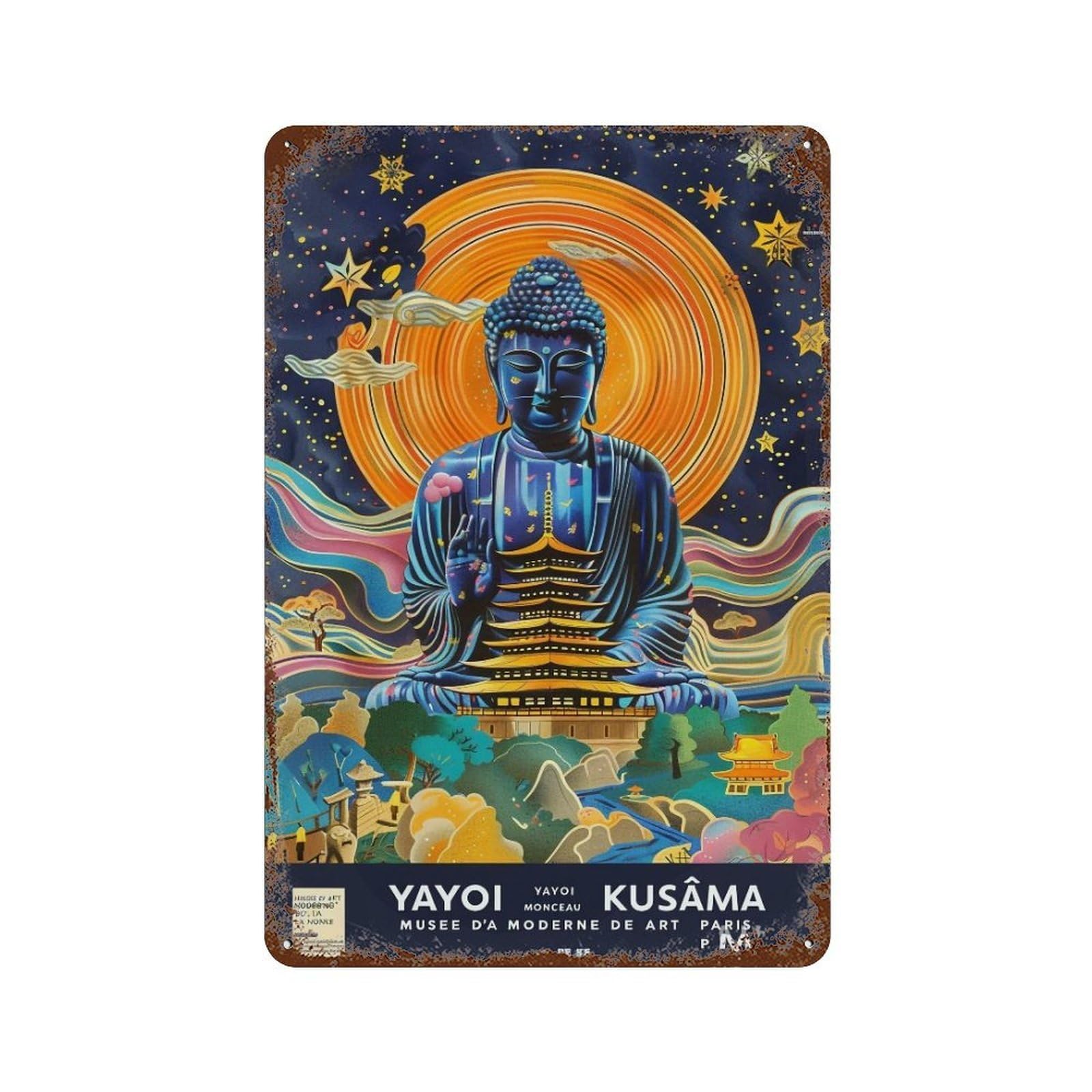 YHGERTKU Yayoi Kusama Buddha Landscape 04 Wall Art Retro Iron Vintage Metal Tin Sign Poster Modern Decor for Living Rooms Gift 30x20cm