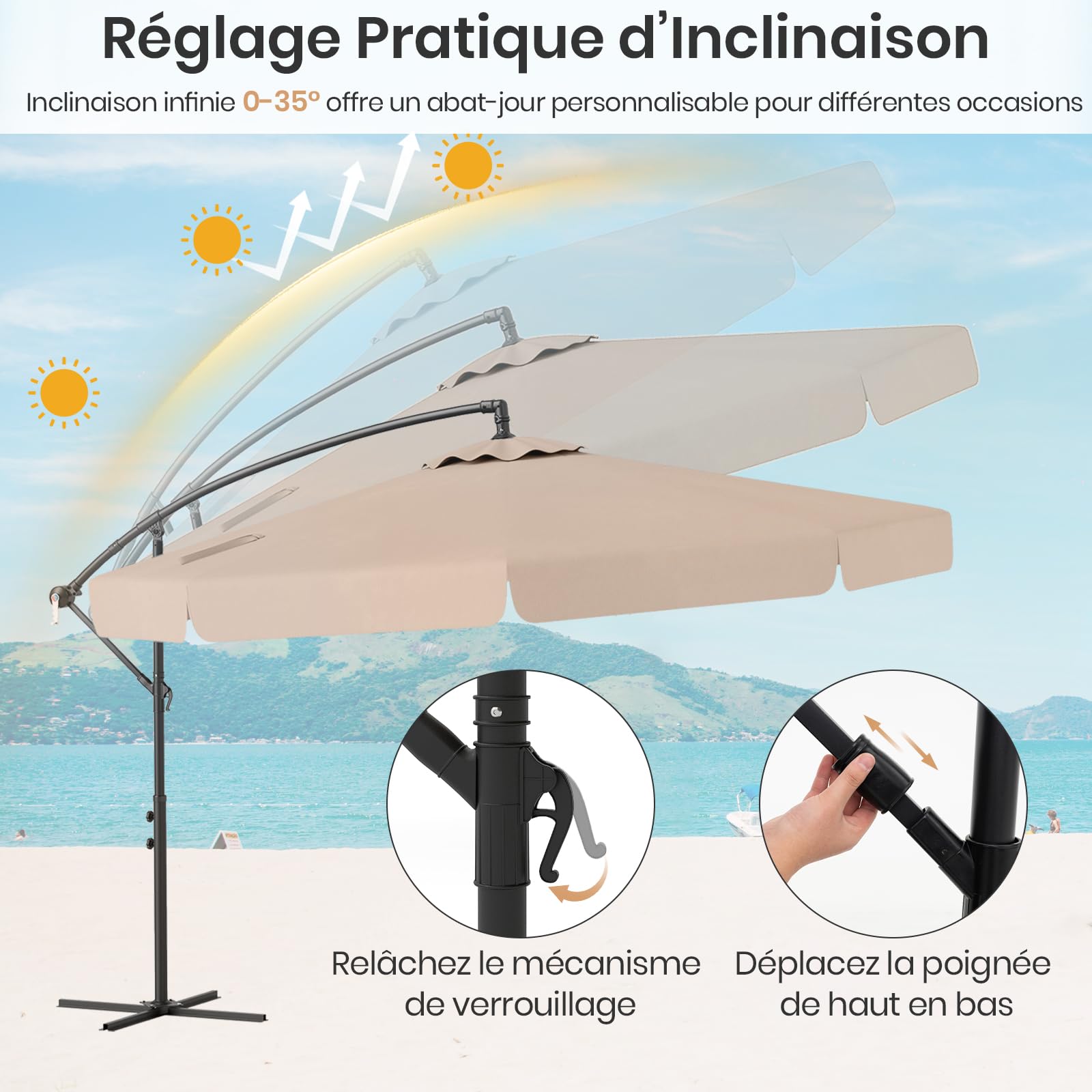 RELAX4LIFE Parasol Déporté Octogonal Φ305x250cm Parasol de Jardin (Beige)