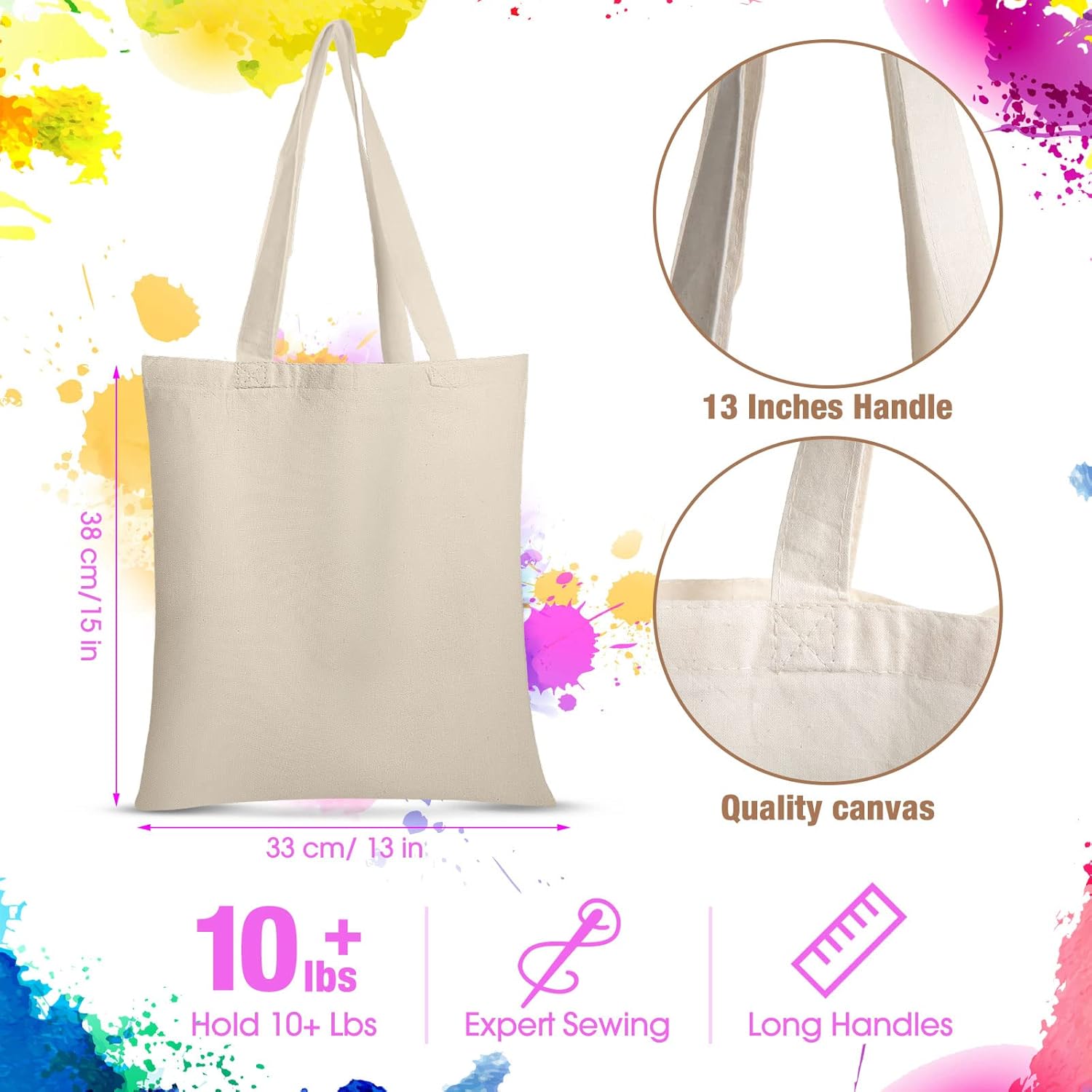 Reginary 24 Pack Canvas Tote Bags Blank Plain Canvas Bag Lightweight Reusable Grocery Shopping Cloth Bags with Handles for DIY Crafting and Decorating, 13 Inch W x 15 Inch H