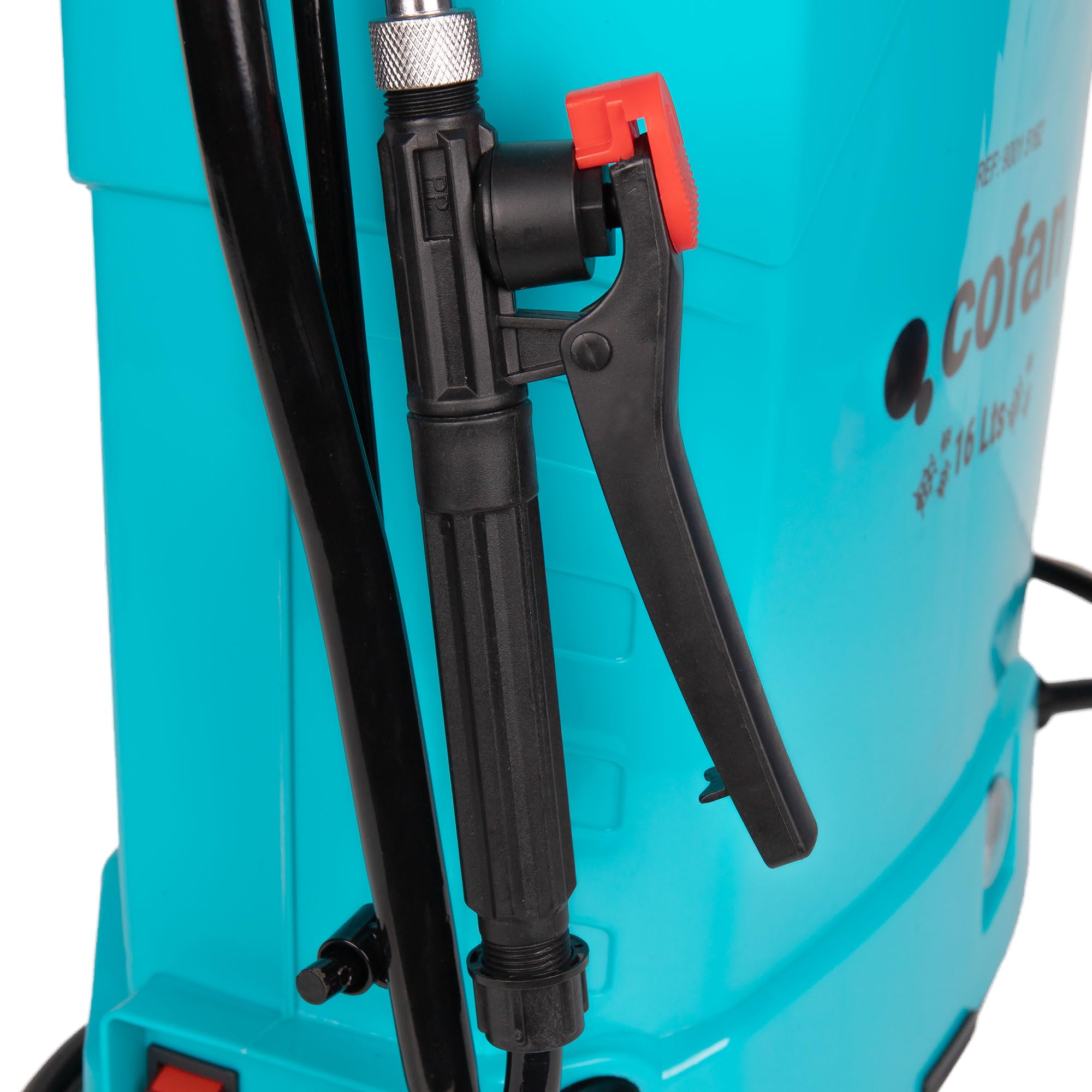 Cofan Pulverizador de espalda eléctrico | Capacidad: 16 litros | Batería de litio 12 V 8Ah | Doble uso manual y automático | Lanza 60 cm | 4 Boquillas | Correas acolchadas