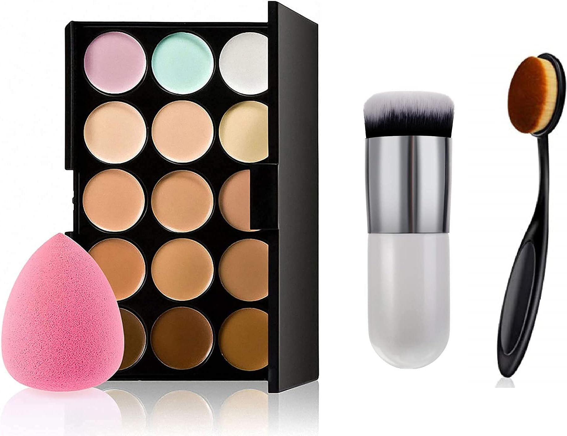 Angelie 15 Color Highlighter Contour Cream Palette with White Foundation Brush+Oval Makeup Brush+ Makeup Puff