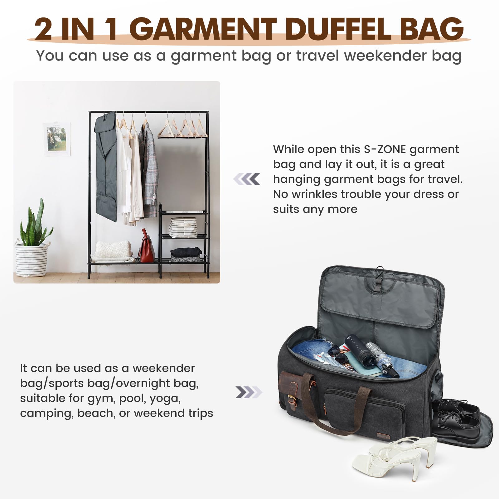 S-Zone Bolsa de ropa 3 en 1, 60 l, unisex, de lona, con neceser, para viajes, escapadas, viajes de negocios, almacenamiento