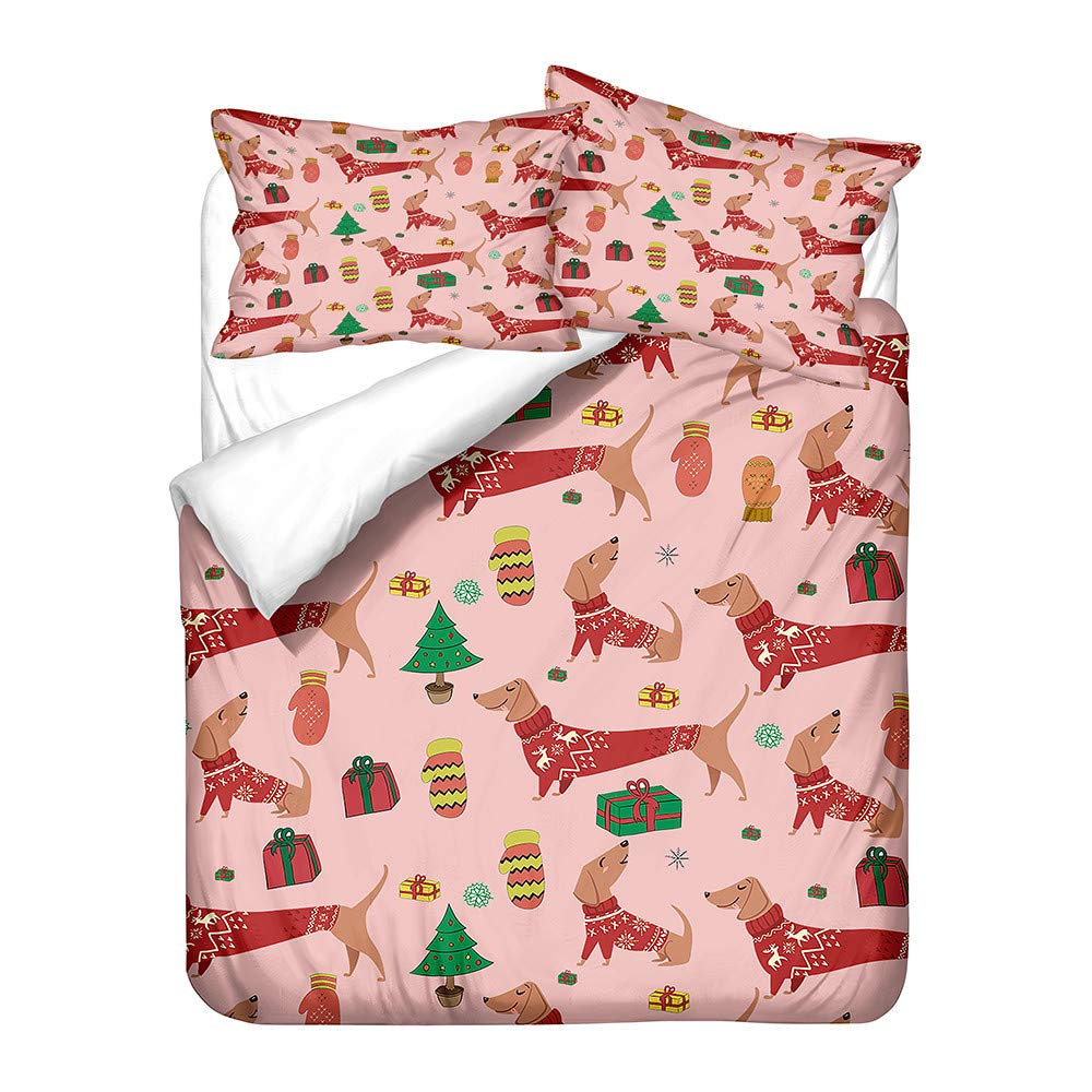 Morbuy Boys Christmas Dog Duvet Cover Set For Single Double Super King Size Bed, 3D Dachshund Printed Microfiber Bedding Sets Duvet Set With Pillowcases And Quilt Case (,Double-200X200cm)