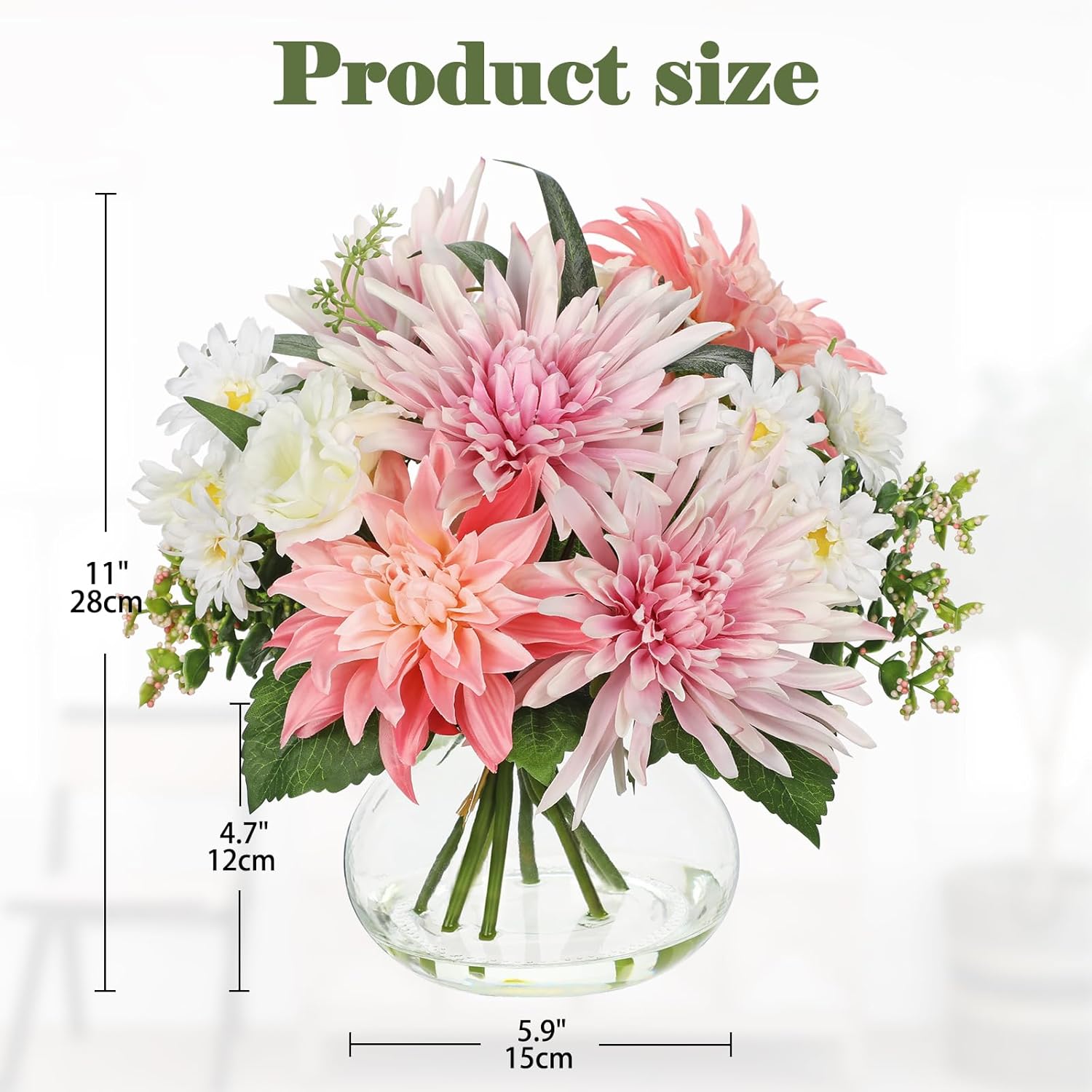 Briful Fake Flower Arrangement in Glass Vase, 11" Faux Dahlia Silk Flowers Centerpiece Table Decorations Pink Mixed Floral Bouquet for Home Office Dining Room Coffee Table Wedding Decor - Image 2