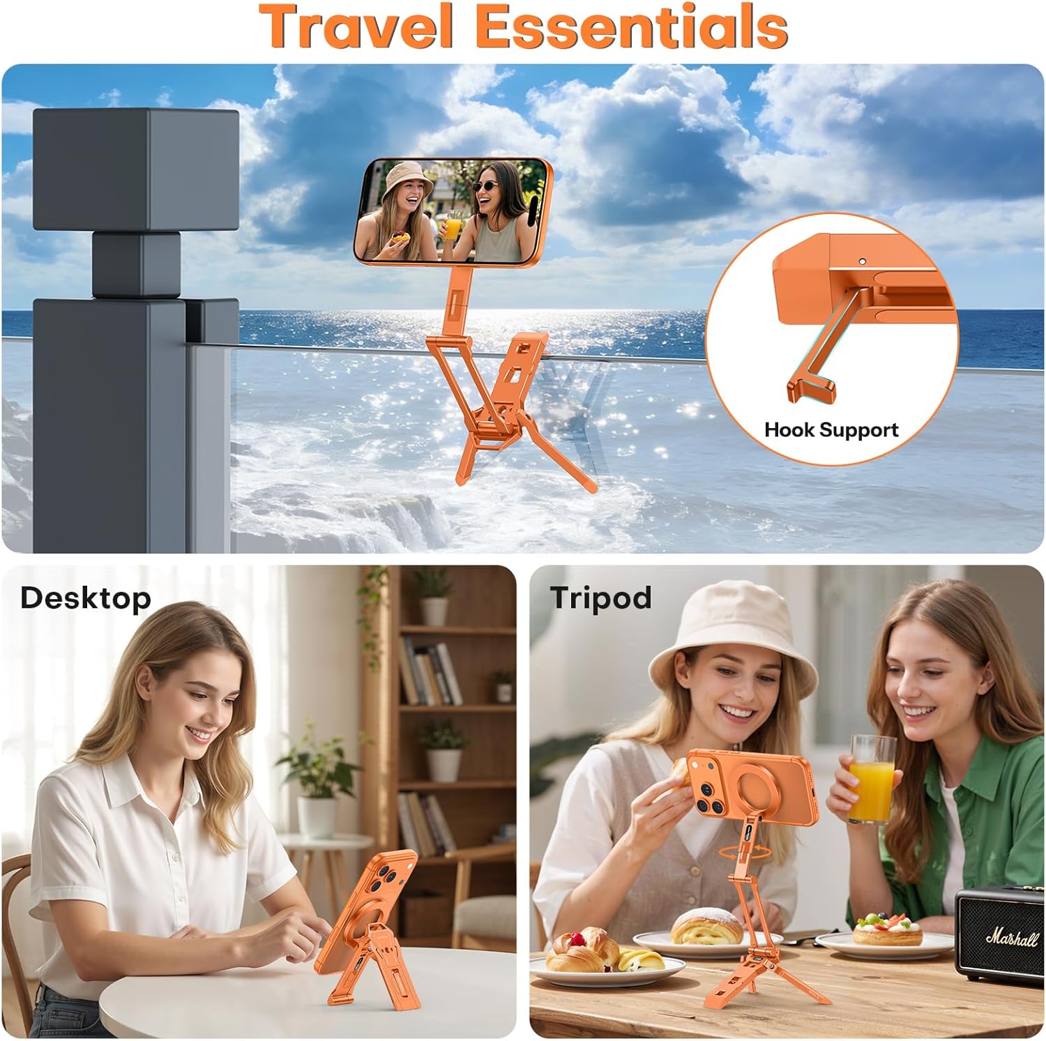 OMOTON TP06 for MagSafe Tripod Hook, 360°Rotate Magnetic Phone Tripod for iPhone 17/16/15 Pro Max Air, Fold Phone Stand Selfie Stick with 1/4" Screw, Acra Fits Vlog, Gym, Travel Essentials, Orange