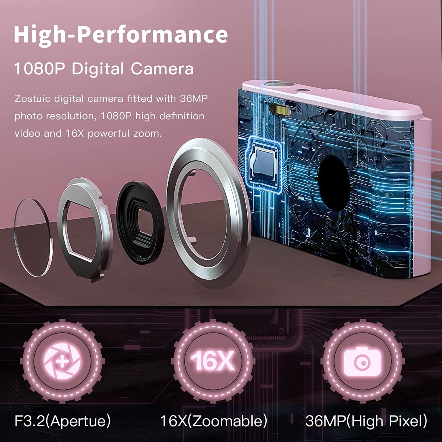 Aparat cyfrowy, aparat fotograficzny HD 1080P, 2,4-calowy kompaktowy aparat LCD z 16-krotnym zoomem cyfrowym, wydajne aparaty fotograficzne, przenośna mini kamera dla dorosłych, początkujących
