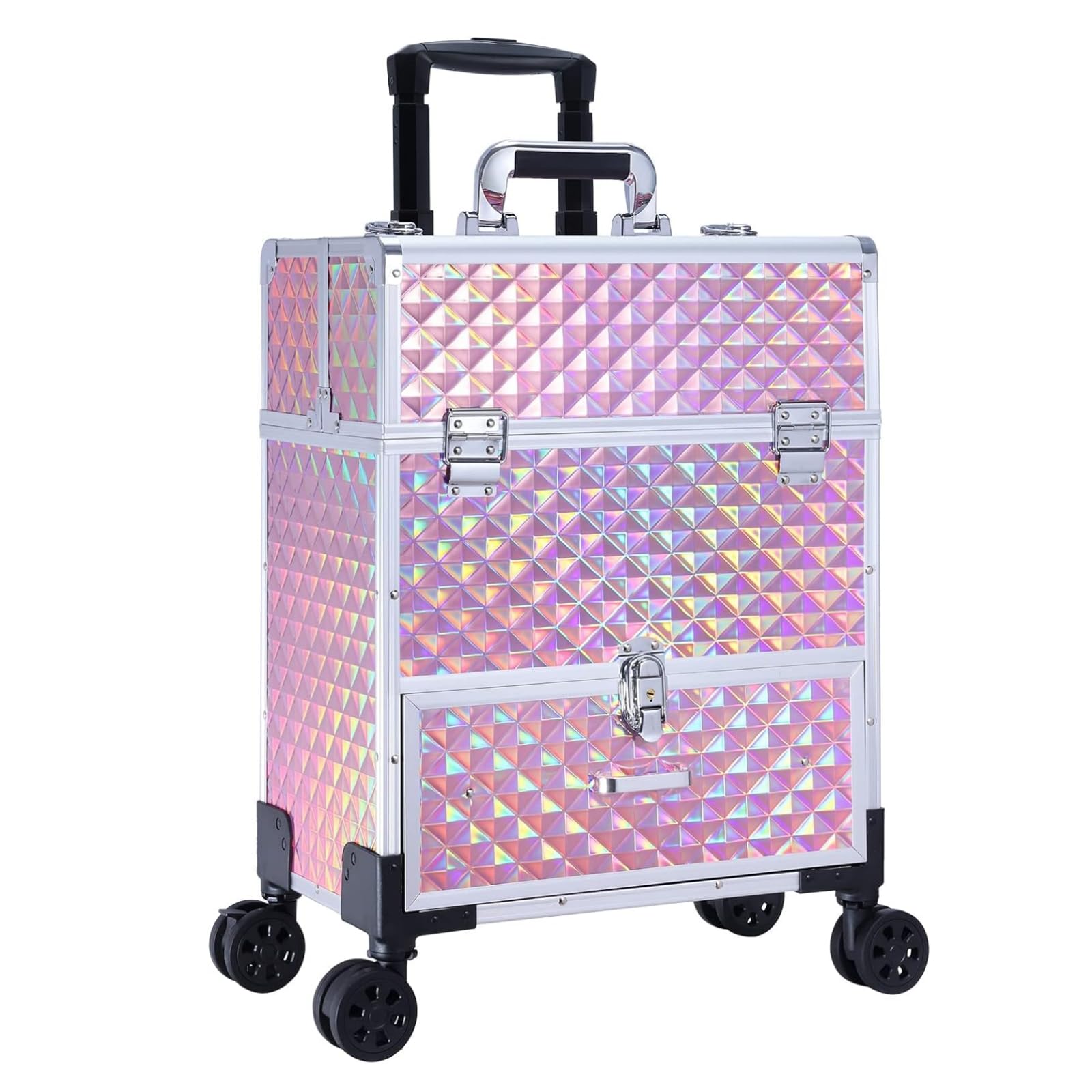 Professional Rolling Makeup Case for Artists - Multi-functional Cosmetic Train Case with Compartments for Hairstylists & Nail Technicians, With Tray Pink