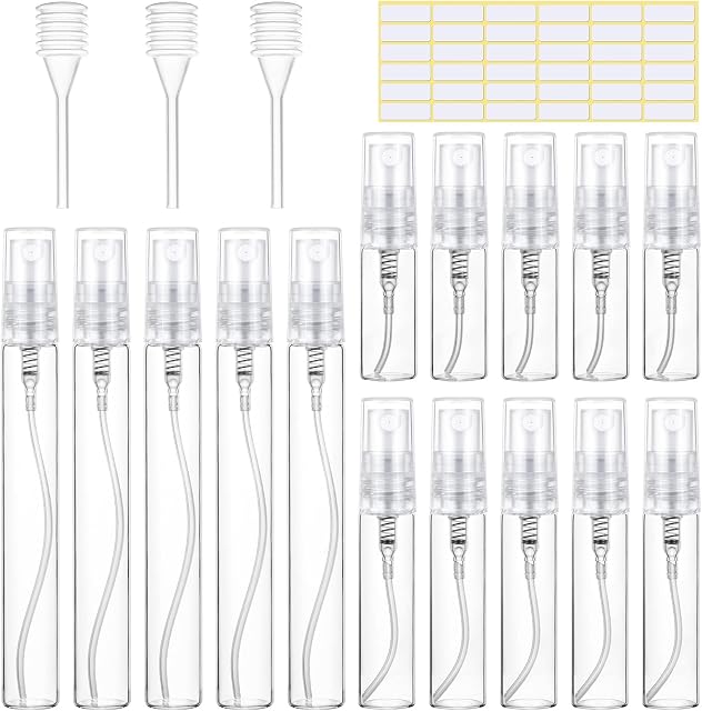 MELLIEX 15 sztuk rozpylaczy do perfum, puste rozpylacze do perfum, do wielokrotnego napełniania, podróżne, przenośne, z pipetami i głowicą dociskową, 3 ml/5 ml/10 ml, przezroczysty