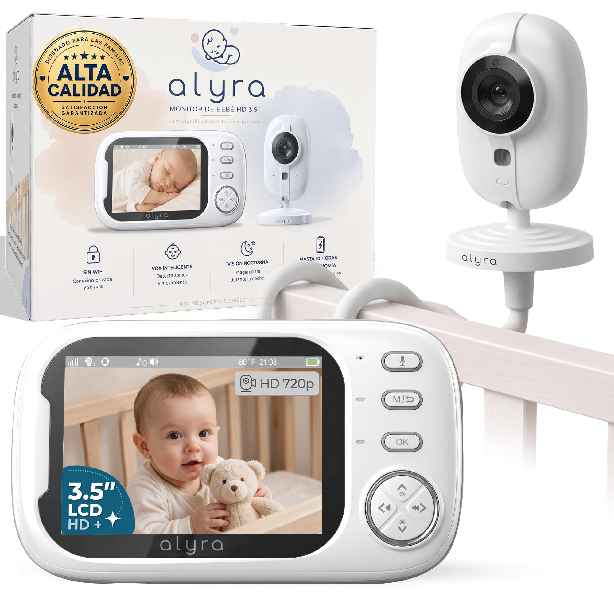 ALYRA® Super Pack De Camara Vigilancia Bebe 720pHD + Soporte Camara Vigilancia Bebe Premium | Baby Monitor 3,5" | Camara Bebe con Tecnologia VOX +100h Bateria | Sin WiFi | Vigilabebes con Camara
