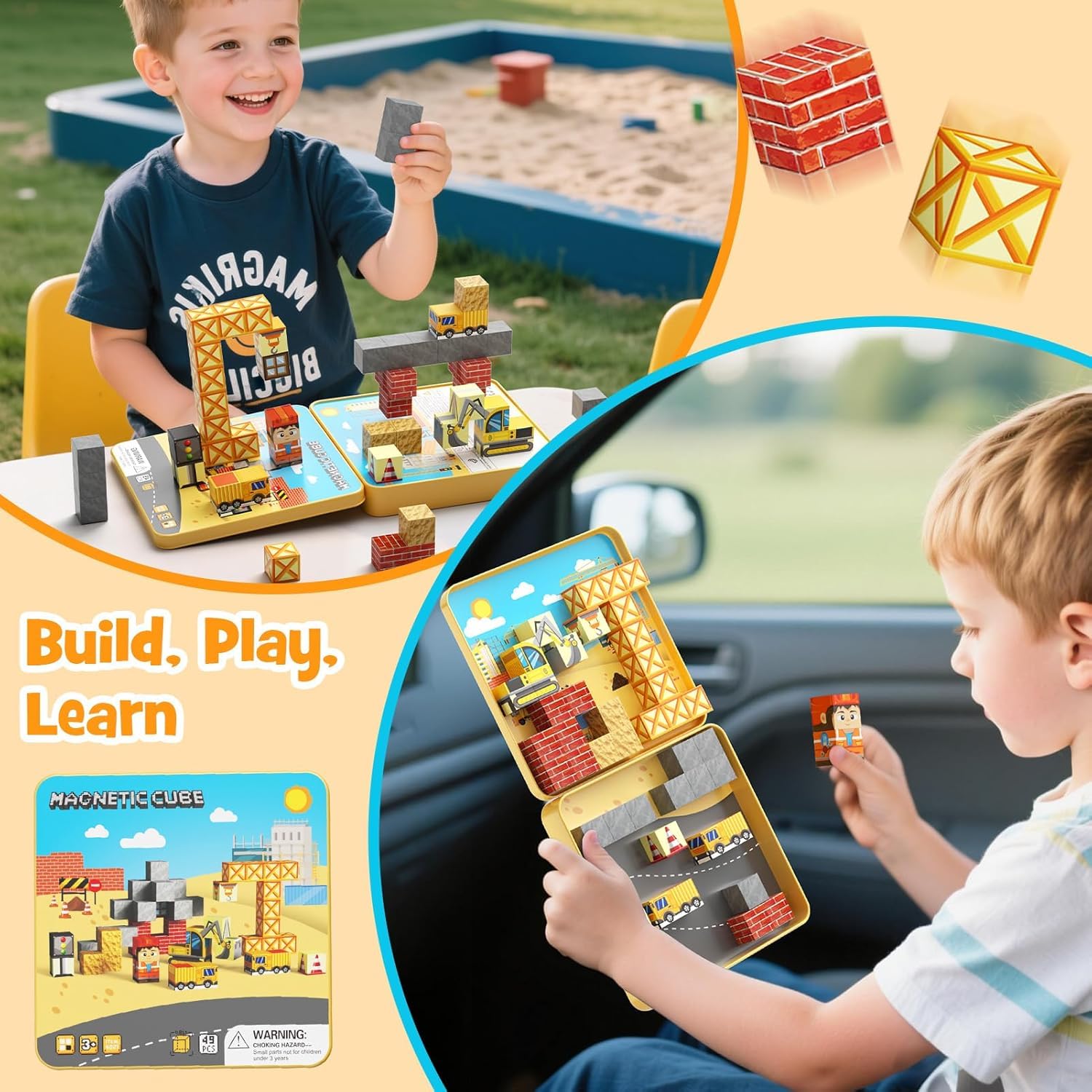 Magnetische Bausteine, 49 Teile Magnetbausteine Reiseset mit Tragbarer Eisenbox für Kinder, Magnetwürfel Bauspielzeug Magnetspiel ab 3 4 5 6 7 8 Jahre Jungen und Mädchen (2CM Magnetblöcke)