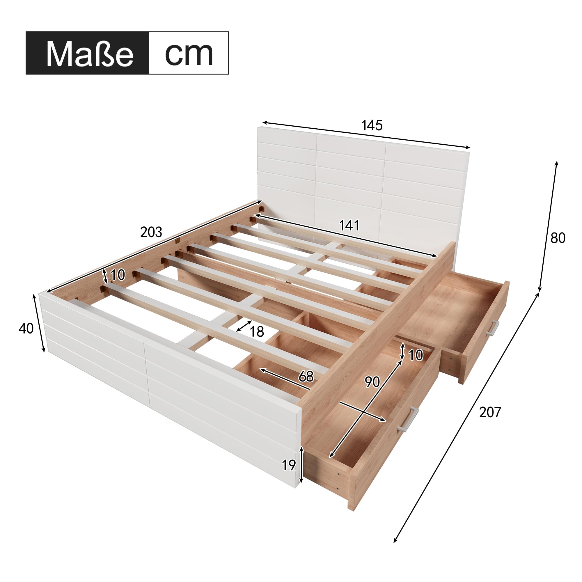 Generisch Moderno letto matrimoniale 140 x 200 cm con 2 cassetti, con struttura del letto e rete a doghe, rovere bianco, carico massimo 181 kg, spazio sotto il letto, materasso per chi dorme